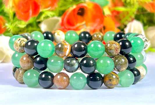 For Grandfather, Granddad, Grandpa, Nana Bracelet l Green Aventurine  ,Black Obsidian , Ocean Jasper Stone  8 MM Beads Bracelet
