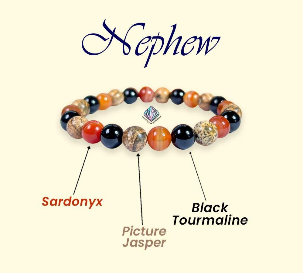 For Nephew Bracelet l Sardonyx , Picture Jasper , Black Tourmaline Stone  8 MM Beads Bracelet