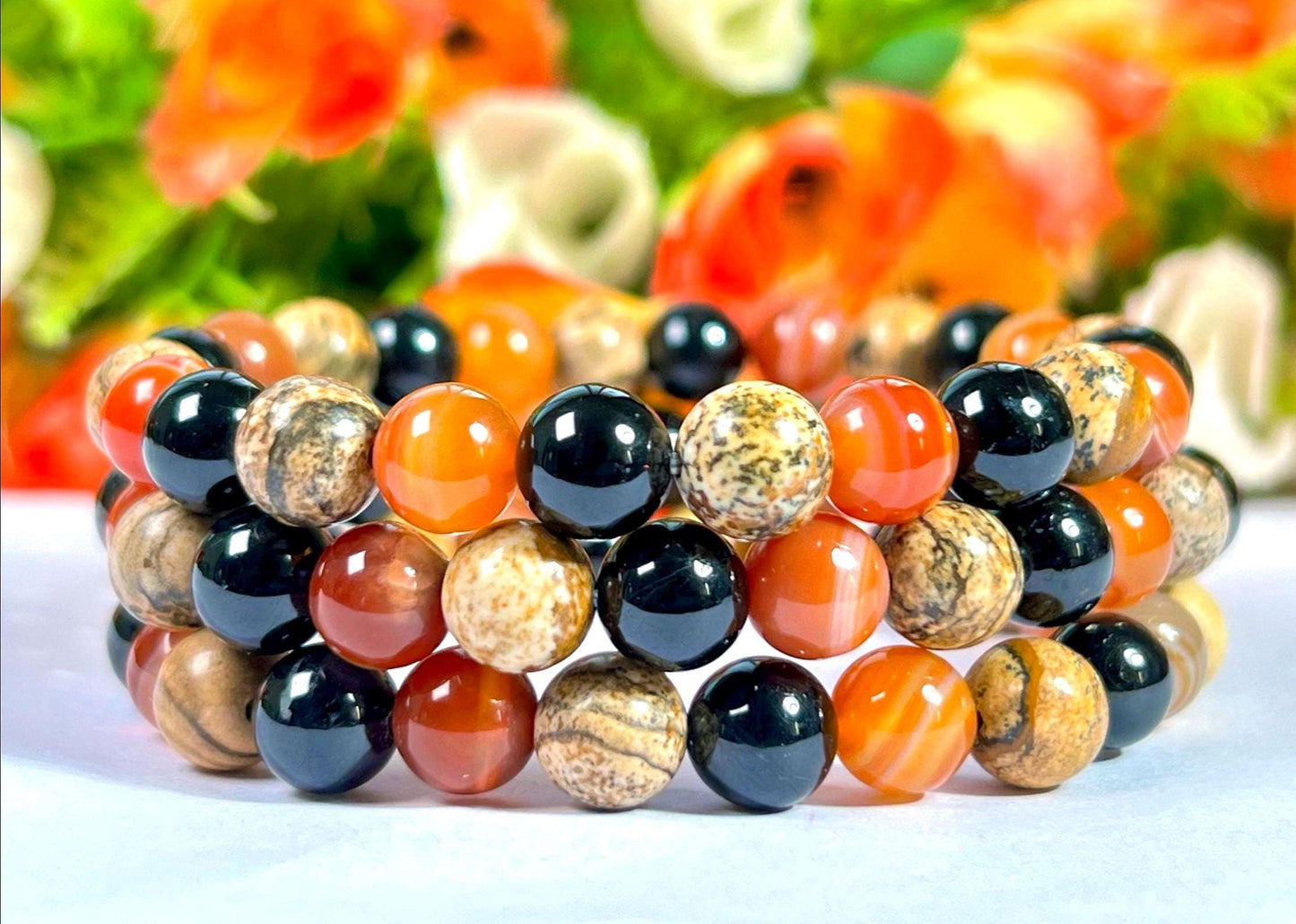 For Nephew Bracelet l Sardonyx , Picture Jasper , Black Tourmaline Stone  8 MM Beads Bracelet