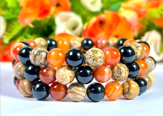 For Nephew Bracelet l Sardonyx , Picture Jasper , Black Tourmaline Stone  8 MM Beads Bracelet