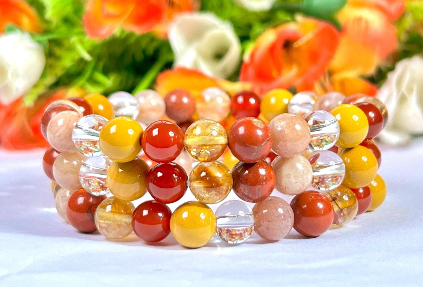 Positive Energy Stone Bracelet l Himalayan Crystal, Yellow Jasper, Carnelian, Citrine, Red Jasper, Peach Moonstone 8 MM Beads Bracelet