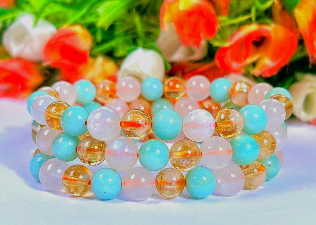 For Daughter Bracelet l Citrine, Rainbow Moonstone, Amazonite Stone 8 MM Beads Bracelet