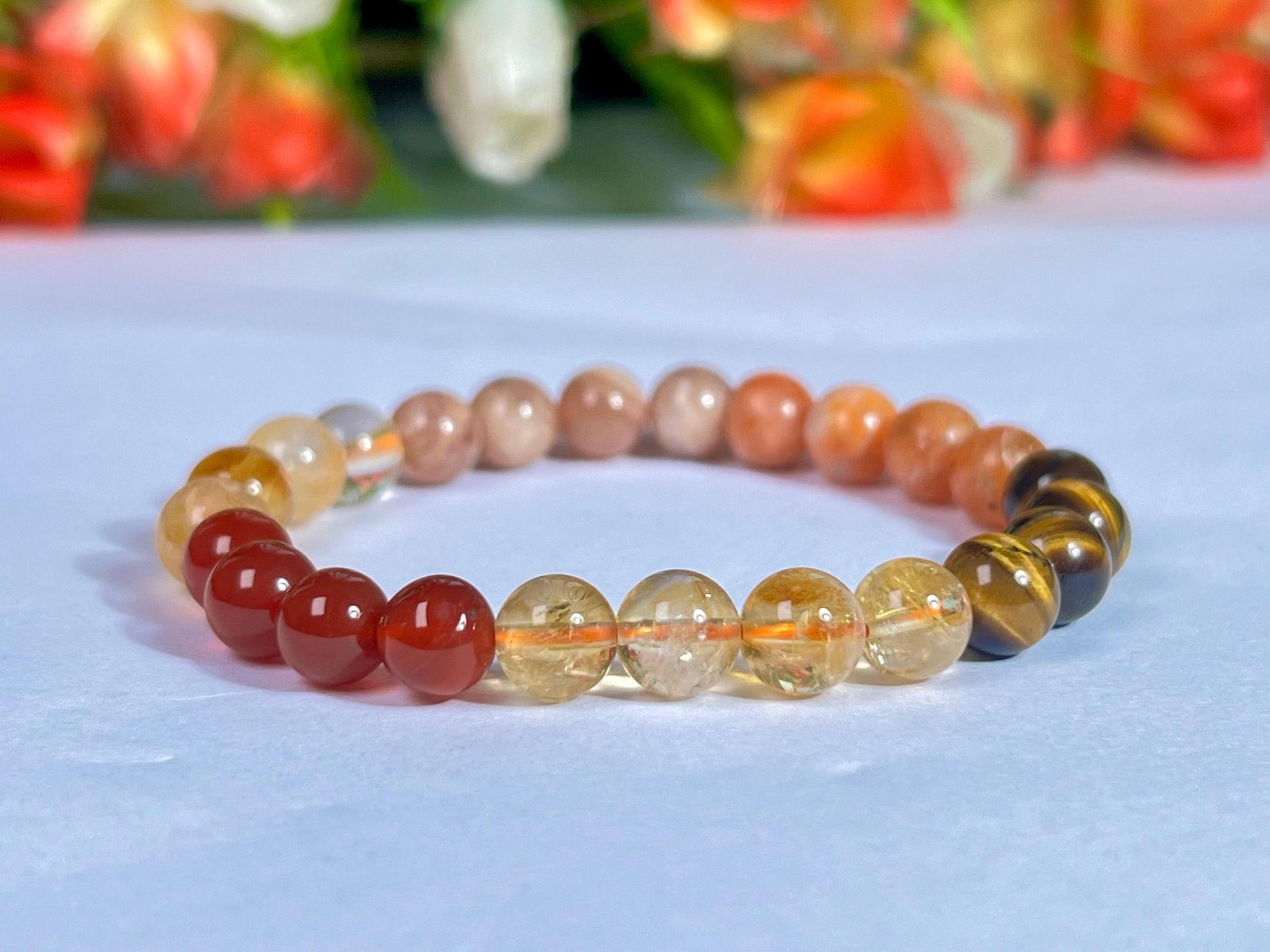 Sacral Chakra Stone Bracelet l Peach Moonstone, Sunstone, Tiger Eye, Citrine, Carnelian, Golden Healer Quartz Stone 8 MM Beads Bracelet