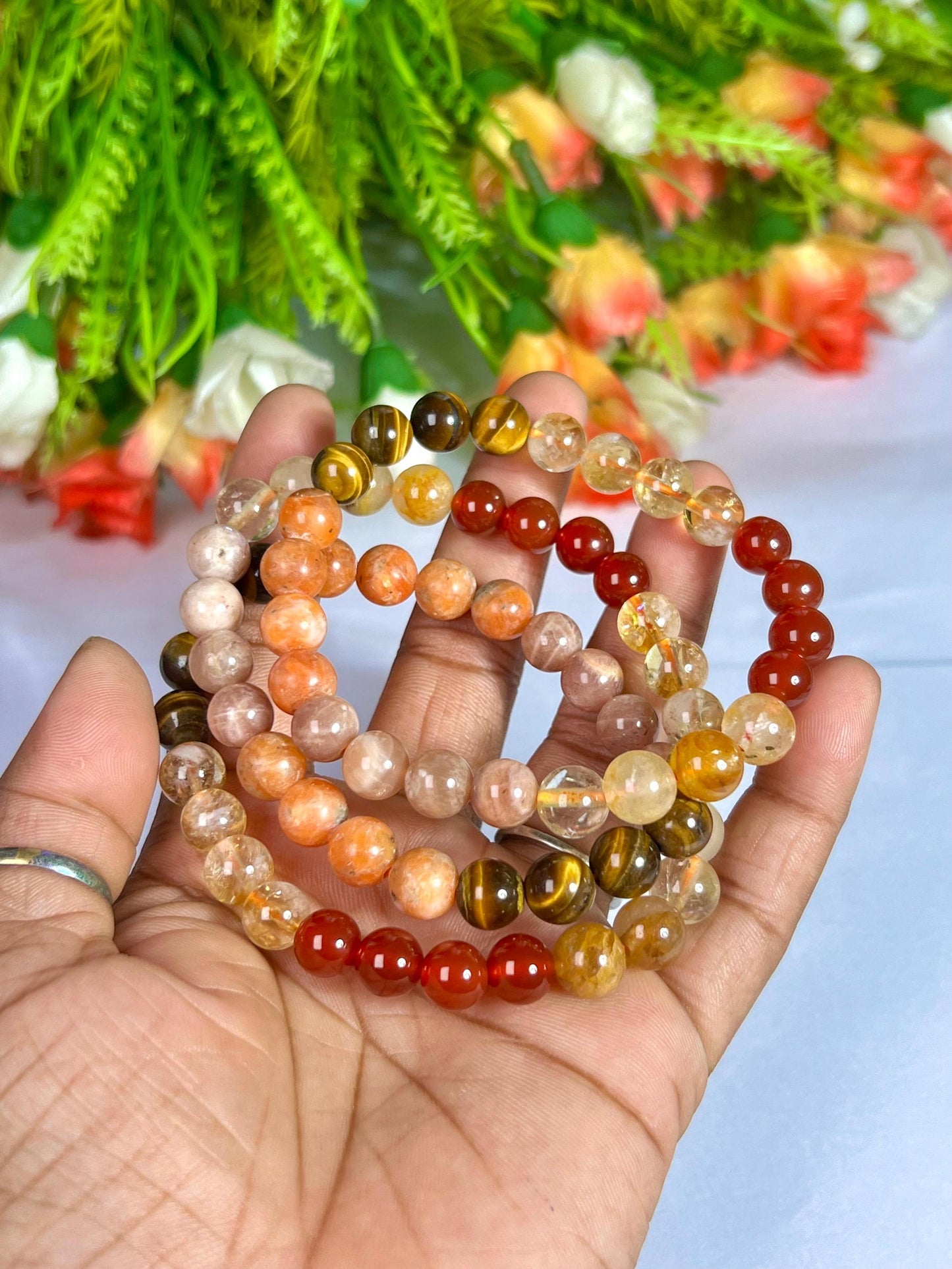 Sacral Chakra Stone Bracelet l Peach Moonstone, Sunstone, Tiger Eye, Citrine, Carnelian, Golden Healer Quartz Stone 8 MM Beads Bracelet