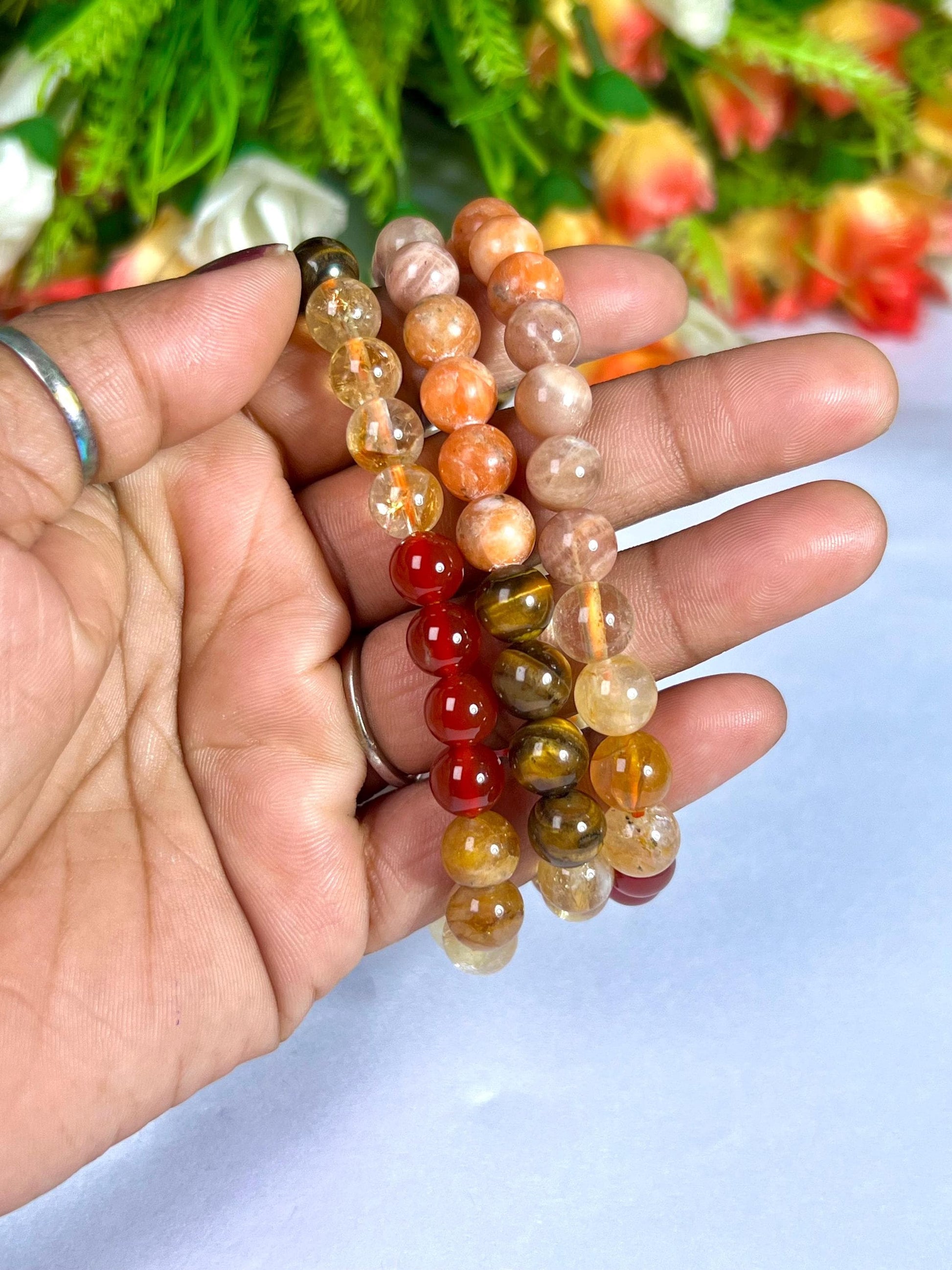 Sacral Chakra Stone Bracelet l Peach Moonstone, Sunstone, Tiger Eye, Citrine, Carnelian, Golden Healer Quartz Stone 8 MM Beads Bracelet