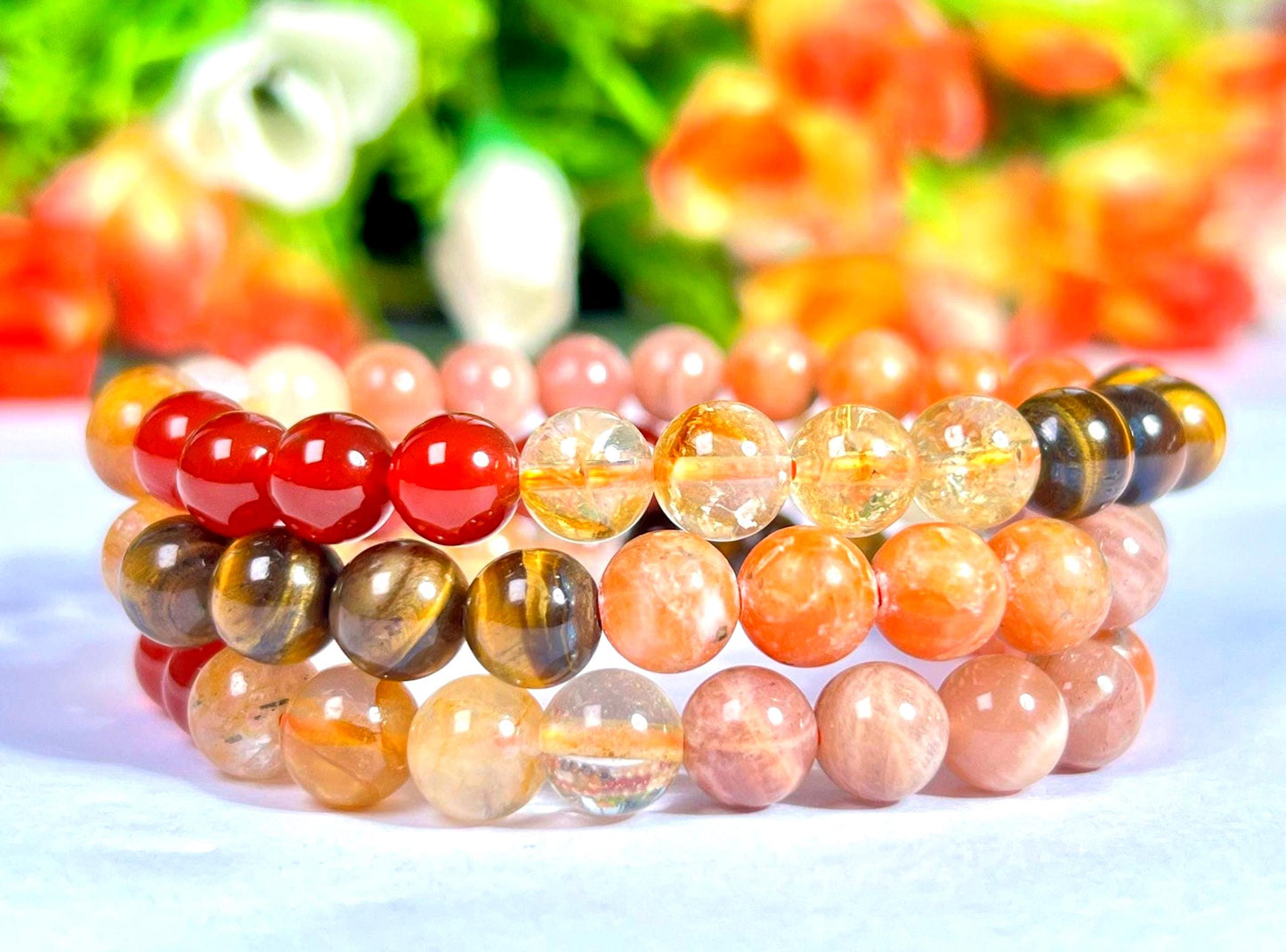 Sacral Chakra Stone Bracelet l Peach Moonstone, Sunstone, Tiger Eye, Citrine, Carnelian, Golden Healer Quartz Stone 8 MM Beads Bracelet