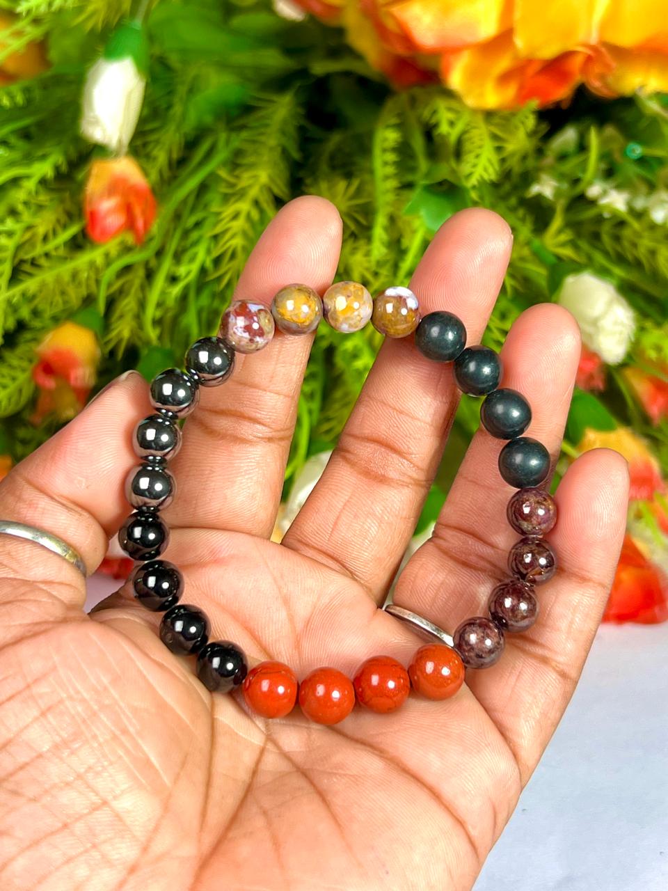 Root Chakra Stone Bracelet Red Jasper, Black Tourmaline, Hematite, Pitersite, Shungite, Garnet 8 MM Beads Bracelet