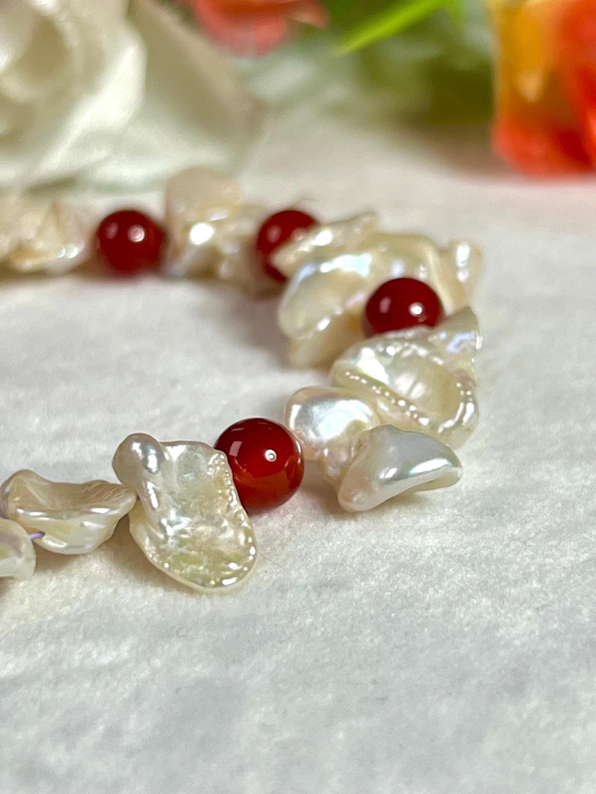 Pearl with Carnelian Stone Bracelet l Adjustable Bracelet l Unisex Bracelet