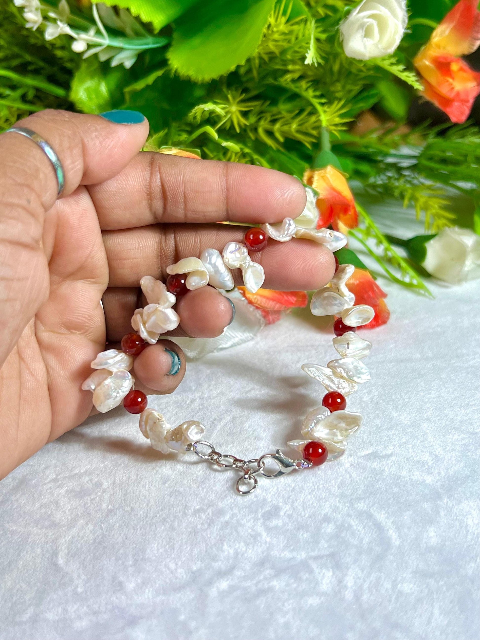 Pearl with Carnelian Stone Bracelet l Adjustable Bracelet l Unisex Bracelet
