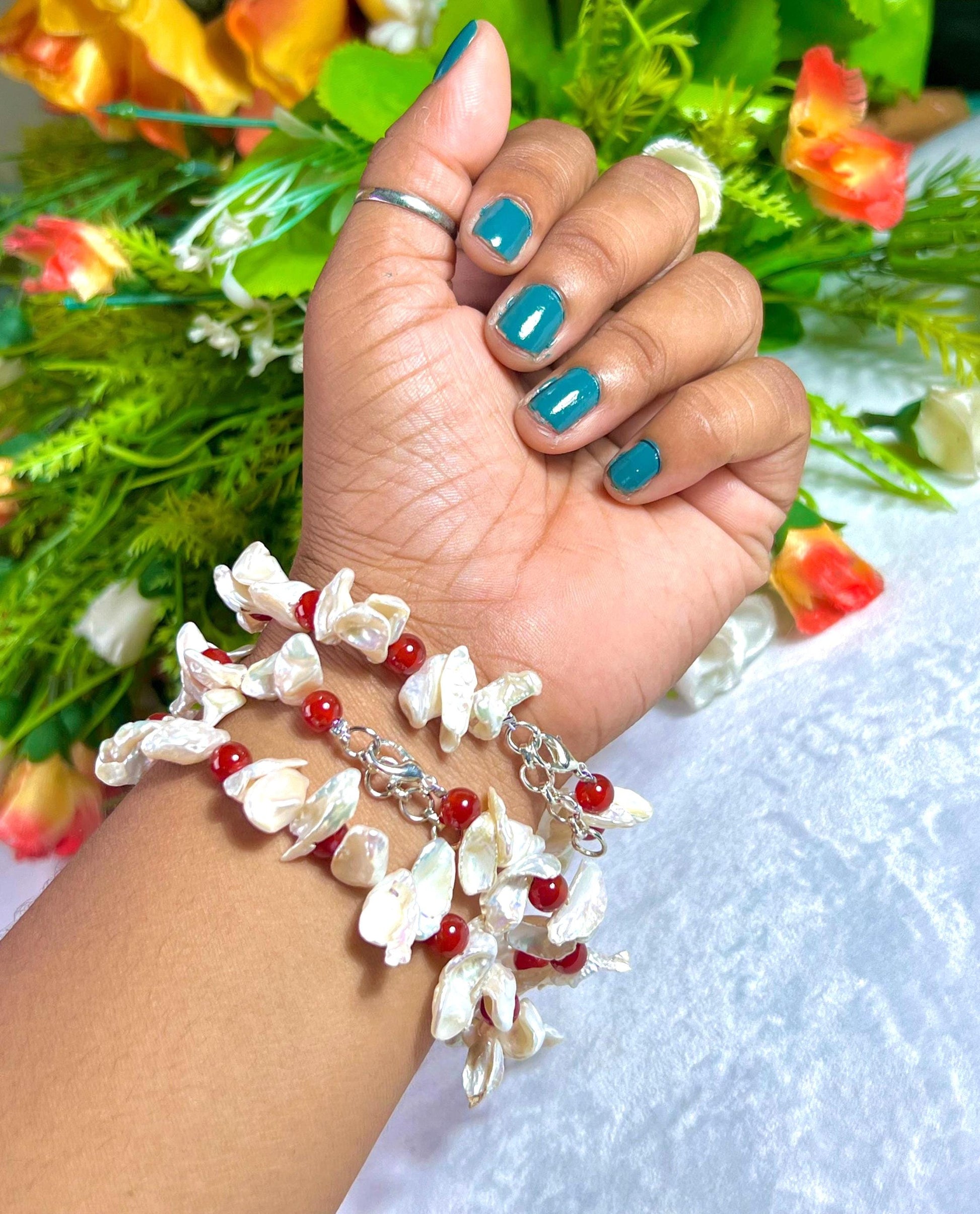 Pearl with Carnelian Stone Bracelet l Adjustable Bracelet l Unisex Bracelet