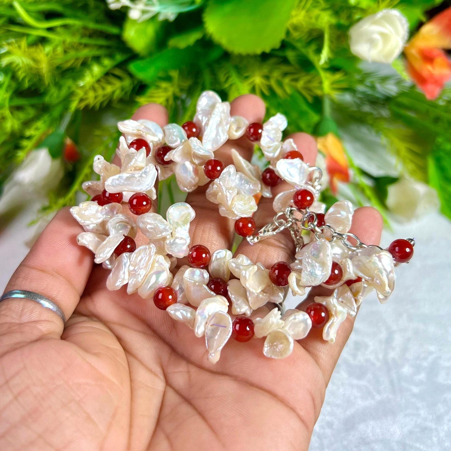 Pearl with Carnelian Stone Bracelet l Adjustable Bracelet l Unisex Bracelet