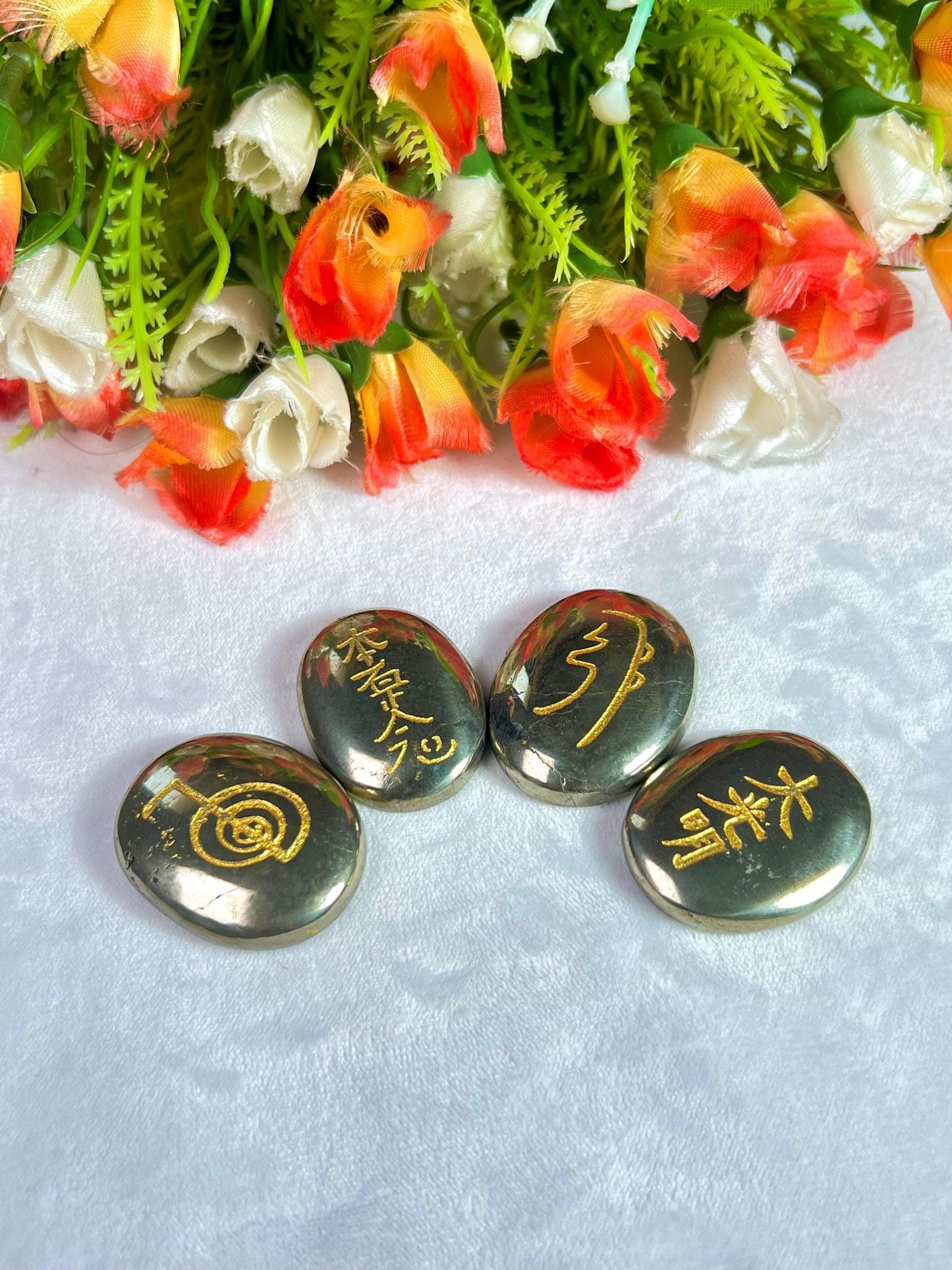 Pyrite Stone Set Of 4 Usui Reiki Symbol Engraved Oval Shape Stone l Cho Ku Rei l Sei Hei Ki l Hon Sha Ze Sho Nen l Dai Ko Myo