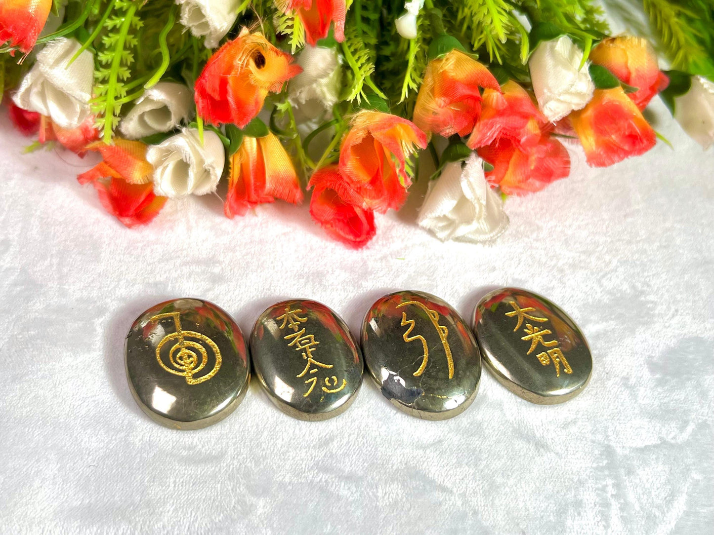 Pyrite Stone Set Of 4 Usui Reiki Symbol Engraved Oval Shape Stone l Cho Ku Rei l Sei Hei Ki l Hon Sha Ze Sho Nen l Dai Ko Myo