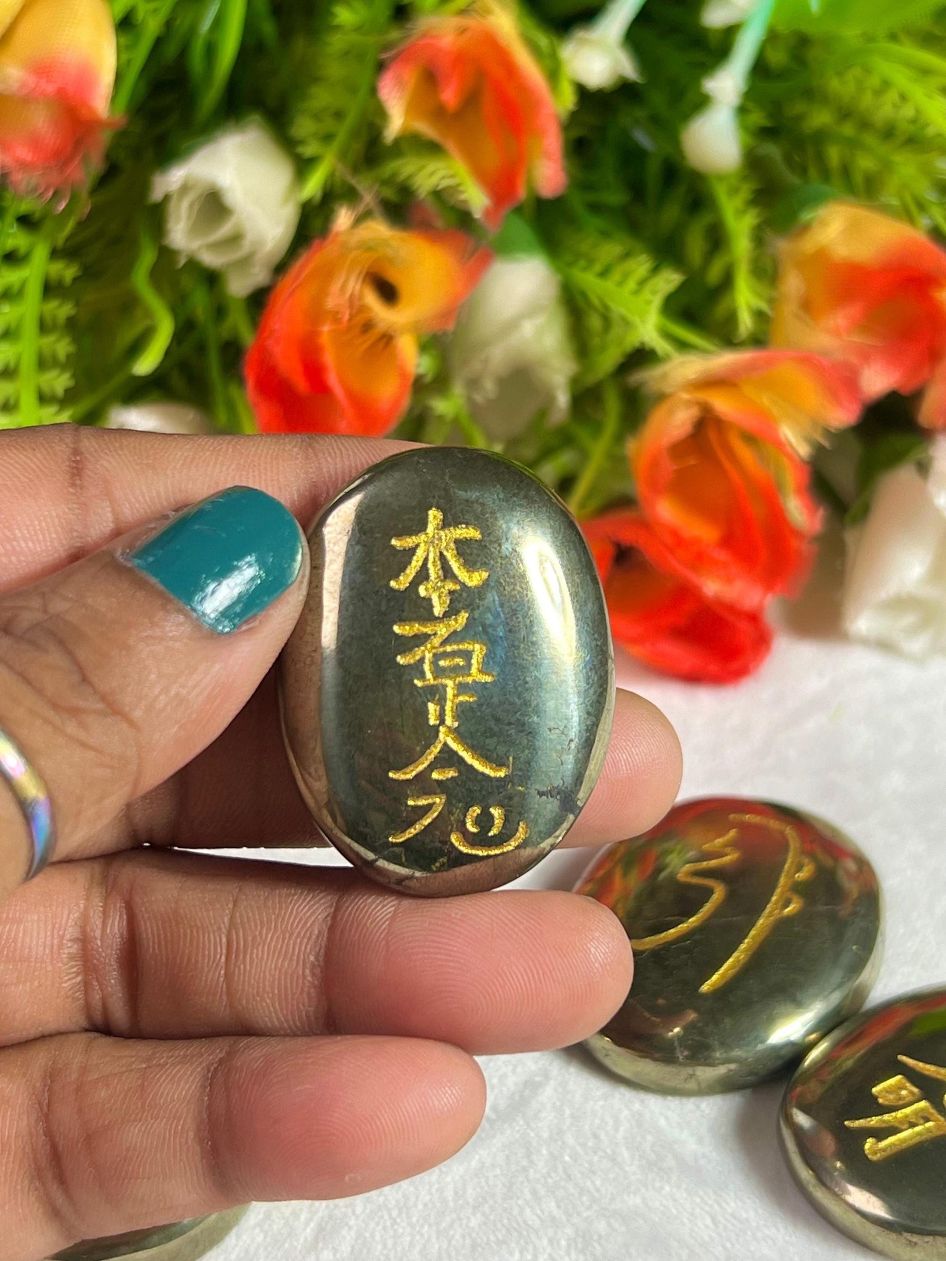 Pyrite Stone Set Of 4 Usui Reiki Symbol Engraved Oval Shape Stone l Cho Ku Rei l Sei Hei Ki l Hon Sha Ze Sho Nen l Dai Ko Myo