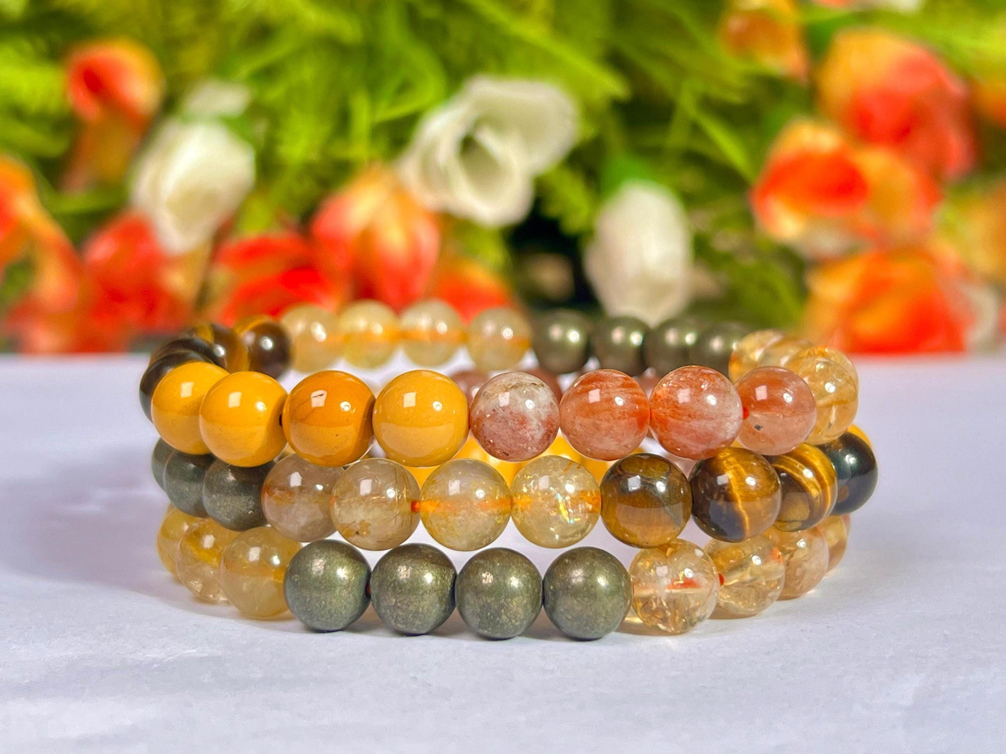 Solar Plexus Chakra Stone Bracelet Citrine, Sunstone, Yellow Jasper, Tiger's Eye, GoldenRutile, Pyrite 8 MM Beads Bracelet