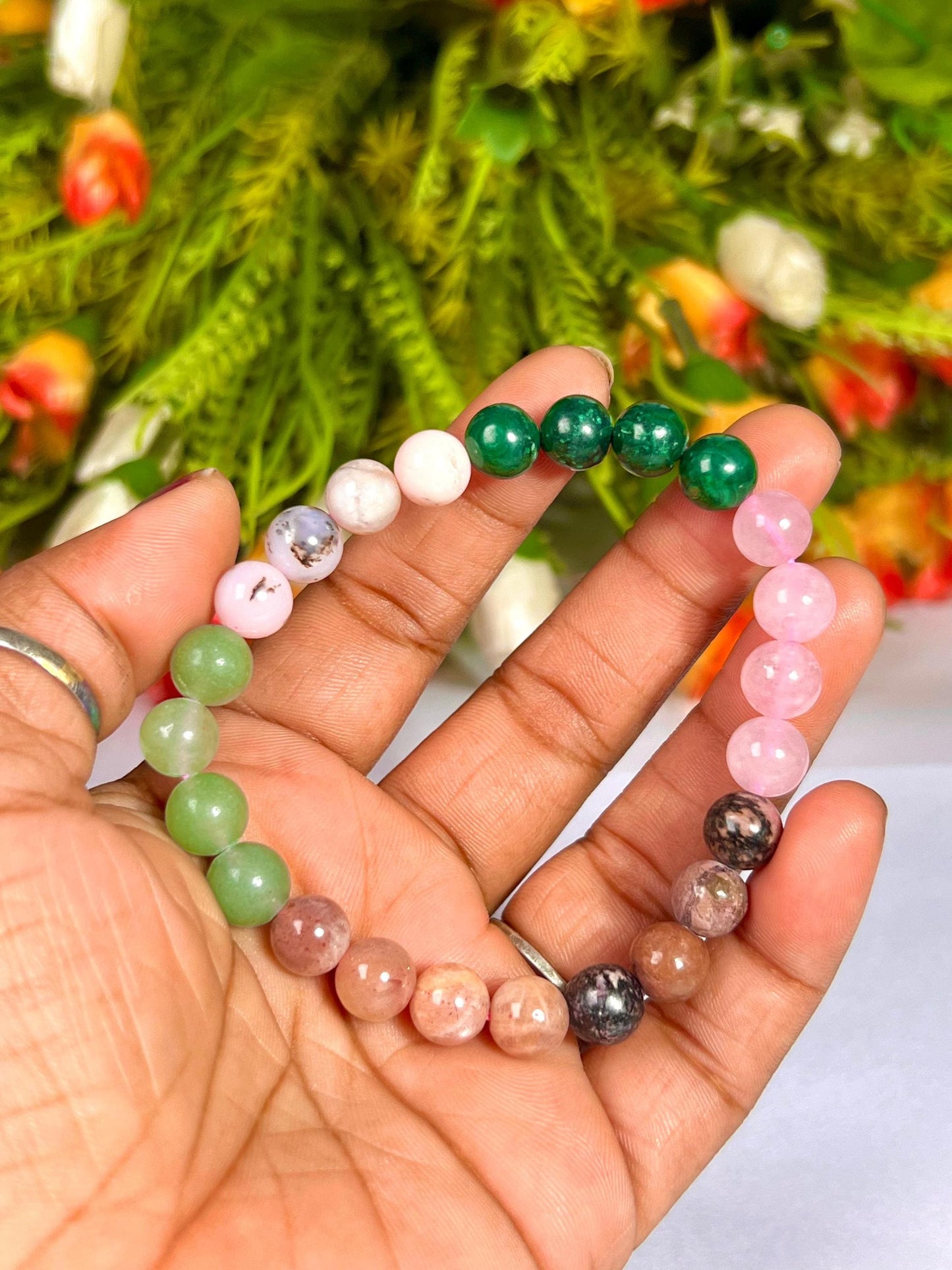 Heart Chakra Stone Bracelet Green Aventurine,Pink Opal,Malachite,Rose Quartz,Rhodonite,Peach Moonstone 8 MM Beads Bracelet