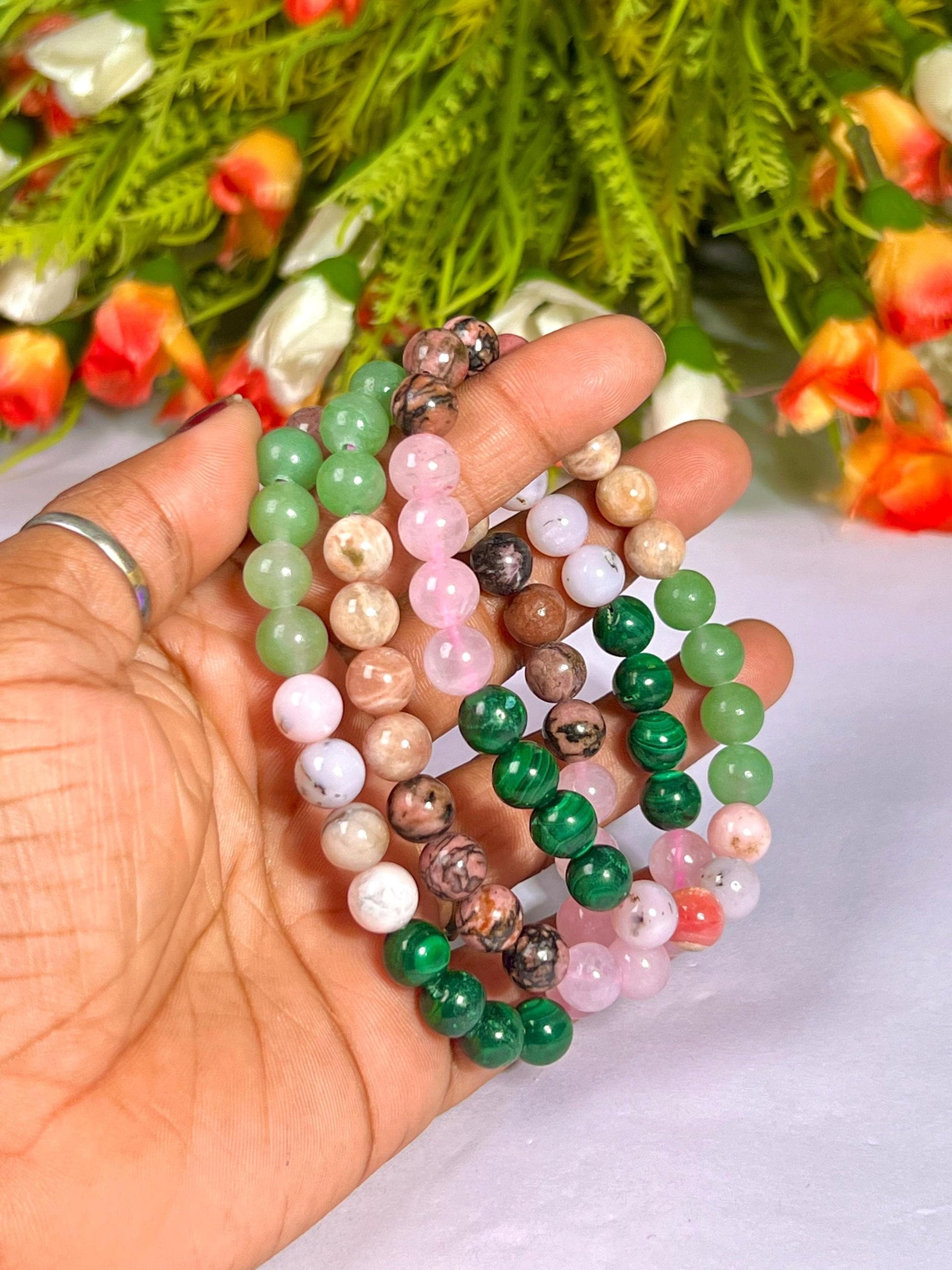 Heart Chakra Stone Bracelet Green Aventurine,Pink Opal,Malachite,Rose Quartz,Rhodonite,Peach Moonstone 8 MM Beads Bracelet