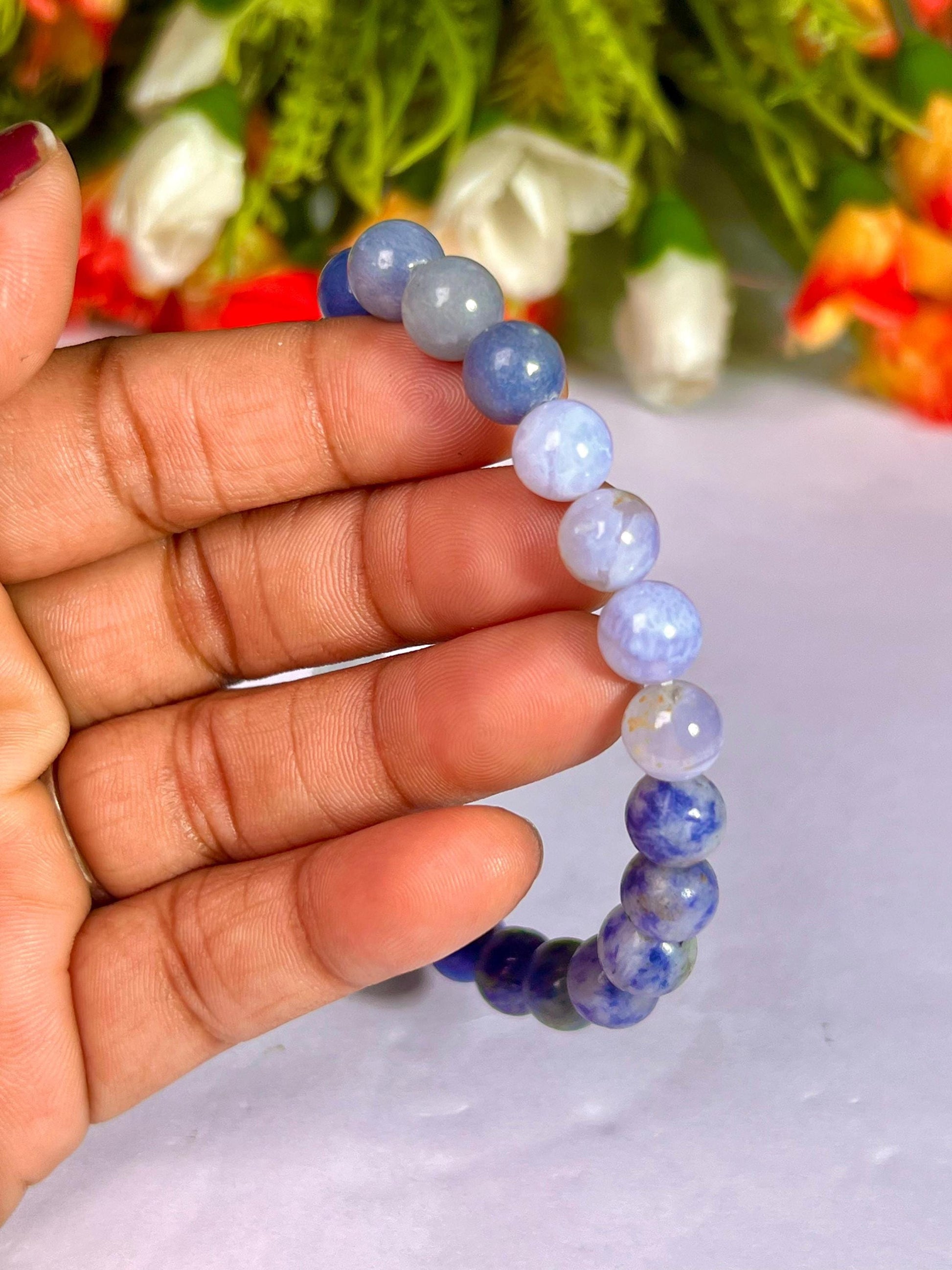Throat Chakra Stone Bracelet Amethyst,Blue Aventurine,Blue Lace Agate,Sodalite,Lapis Lazuli,Aquamarine 8 MM Beads Bracelet