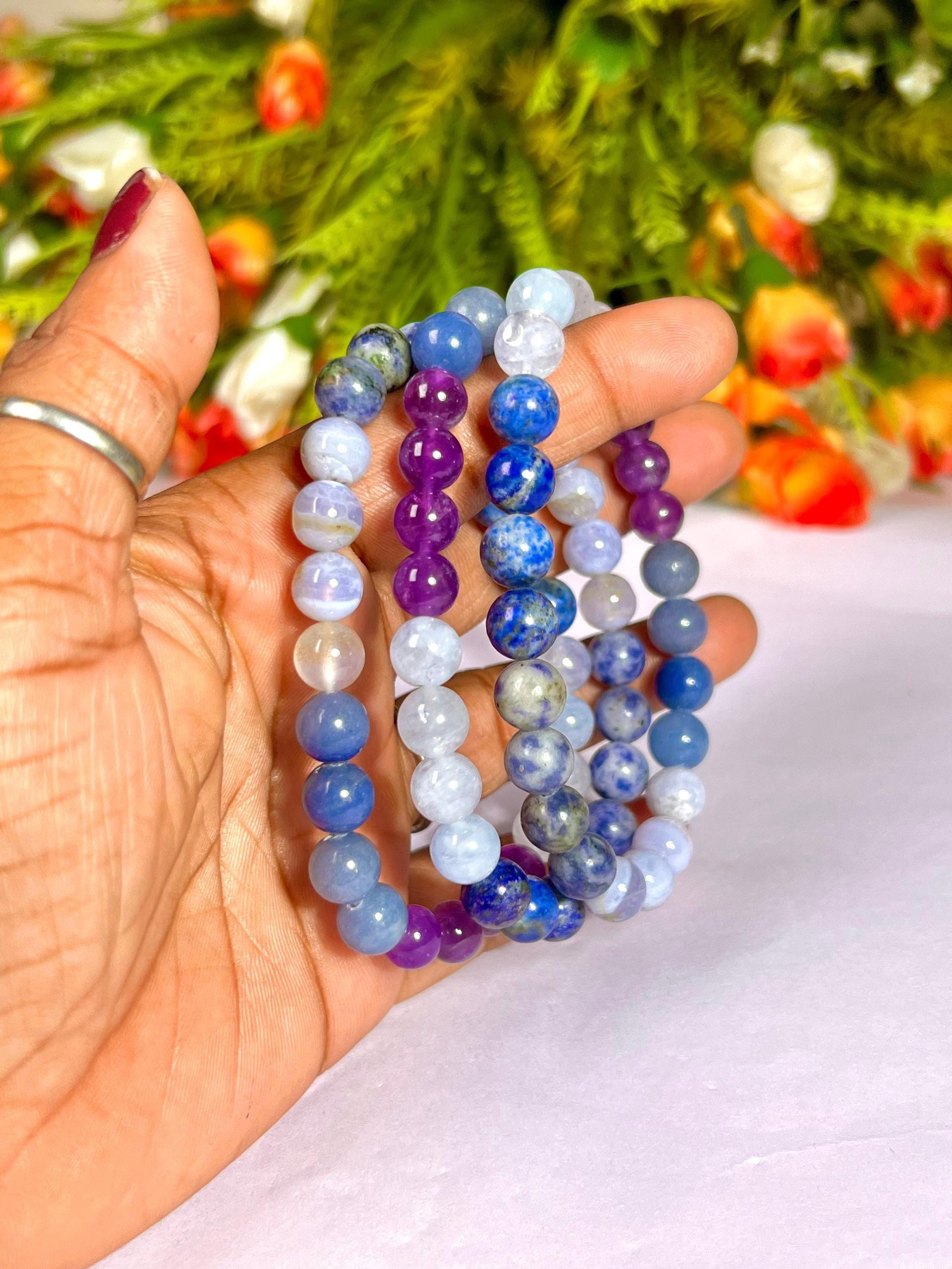 Throat Chakra Stone Bracelet Amethyst,Blue Aventurine,Blue Lace Agate,Sodalite,Lapis Lazuli,Aquamarine 8 MM Beads Bracelet