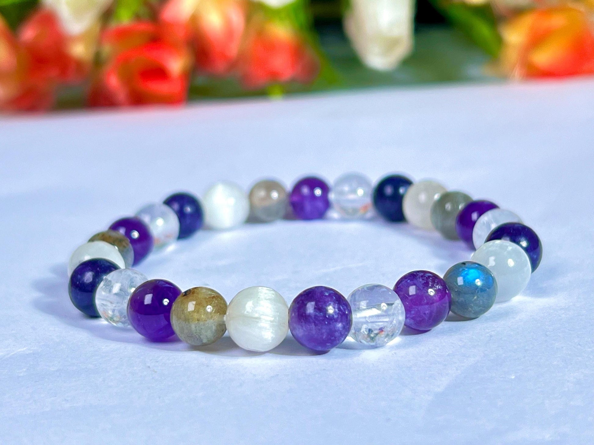 Crown Chakra Stone Bracelet Himalya Crystal , Amethyst , Labradorite, Selenite, Lepidolite 8 MM Beads Bracelet