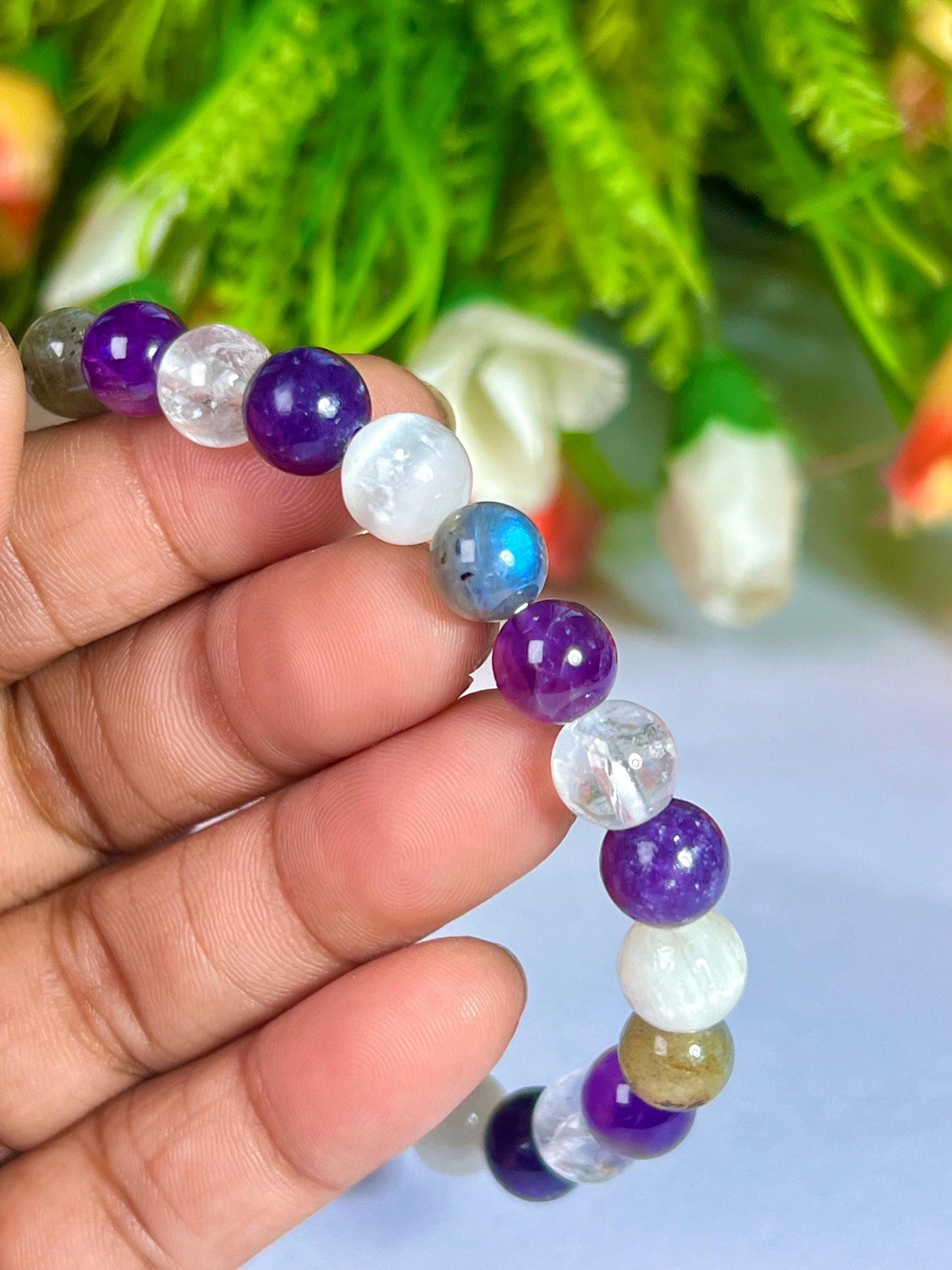 Crown Chakra Stone Bracelet Himalya Crystal , Amethyst , Labradorite, Selenite, Lepidolite 8 MM Beads Bracelet