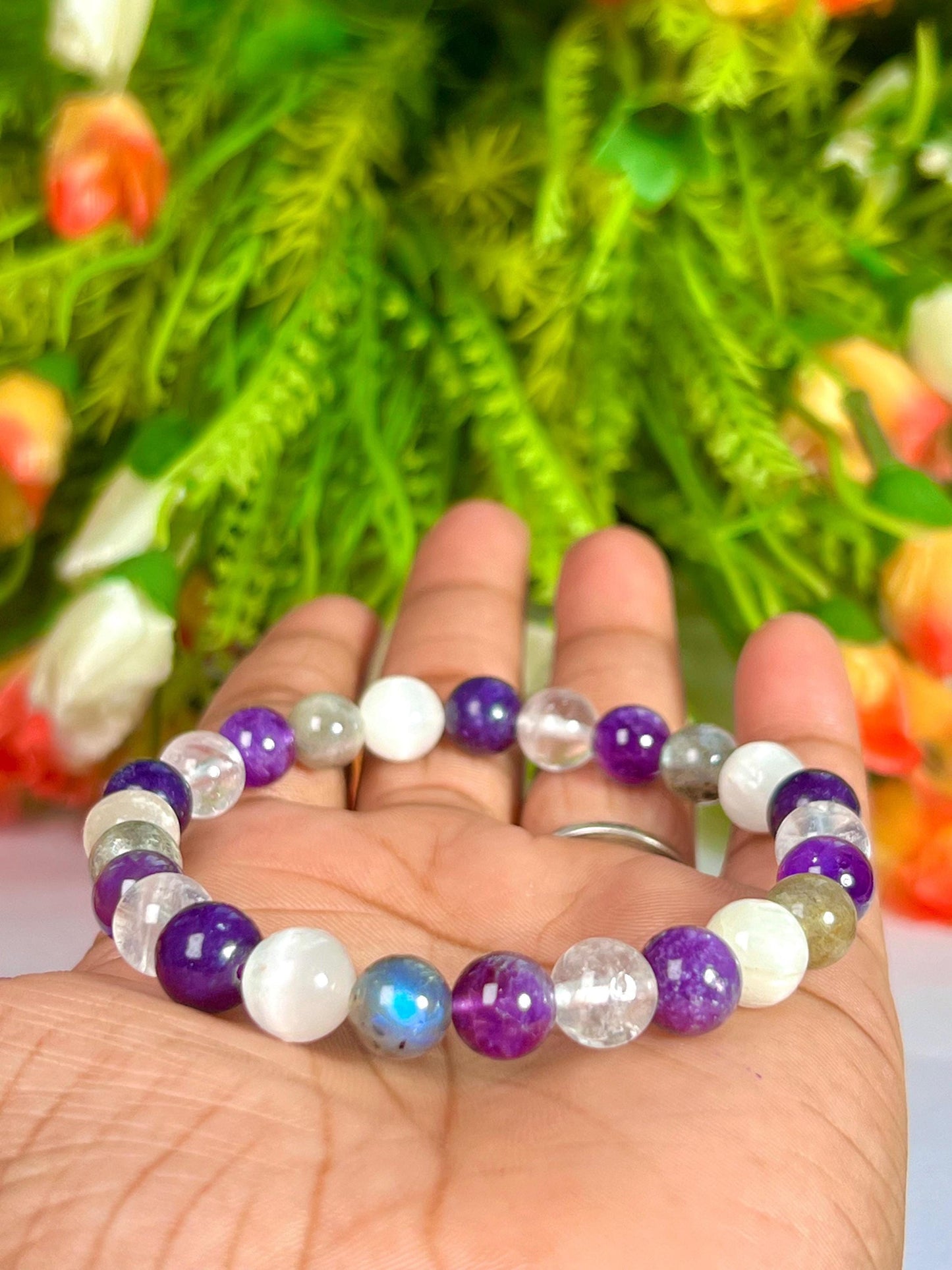 Crown Chakra Stone Bracelet Himalya Crystal , Amethyst , Labradorite, Selenite, Lepidolite 8 MM Beads Bracelet