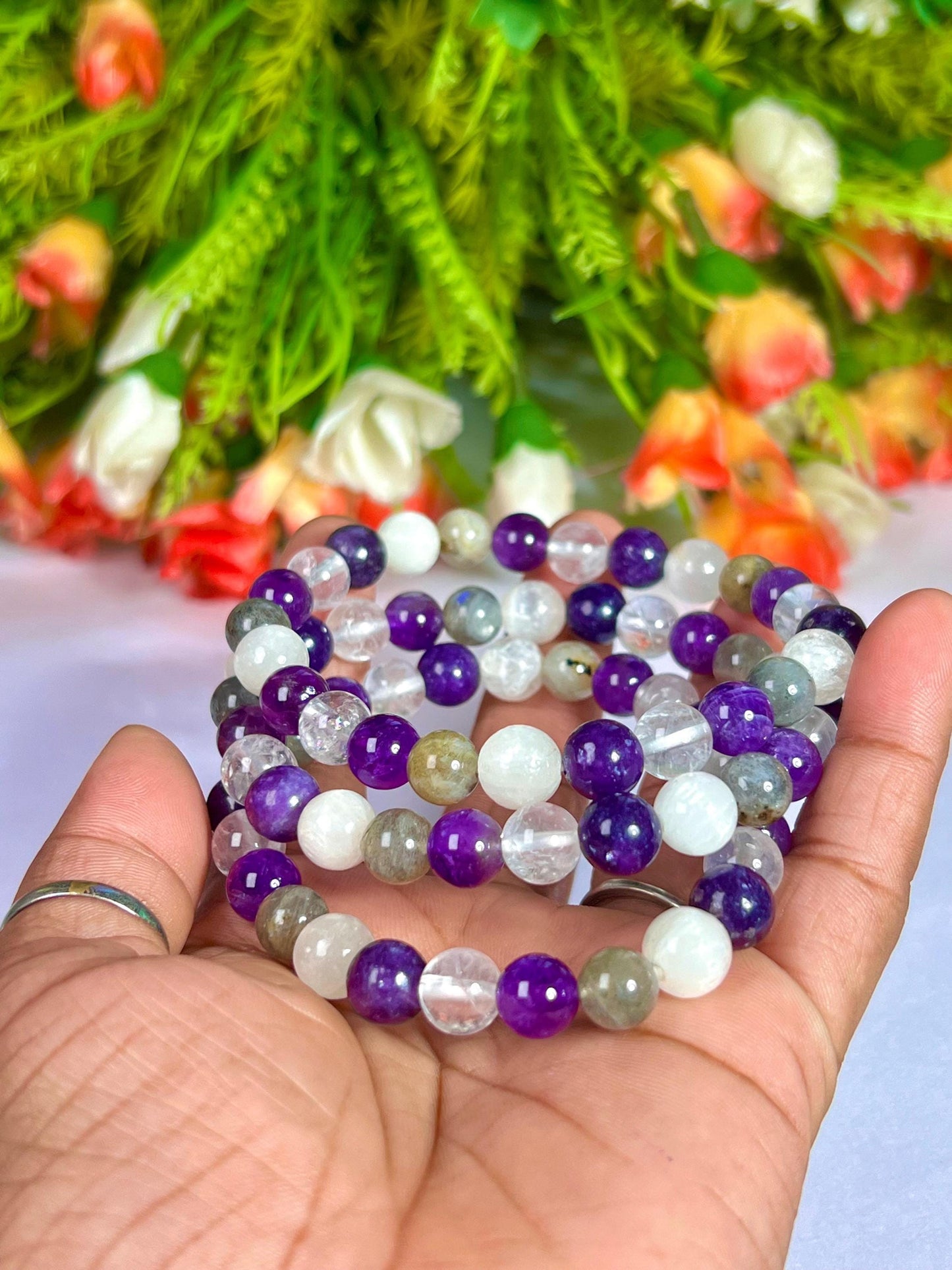 Crown Chakra Stone Bracelet Himalya Crystal , Amethyst , Labradorite, Selenite, Lepidolite 8 MM Beads Bracelet