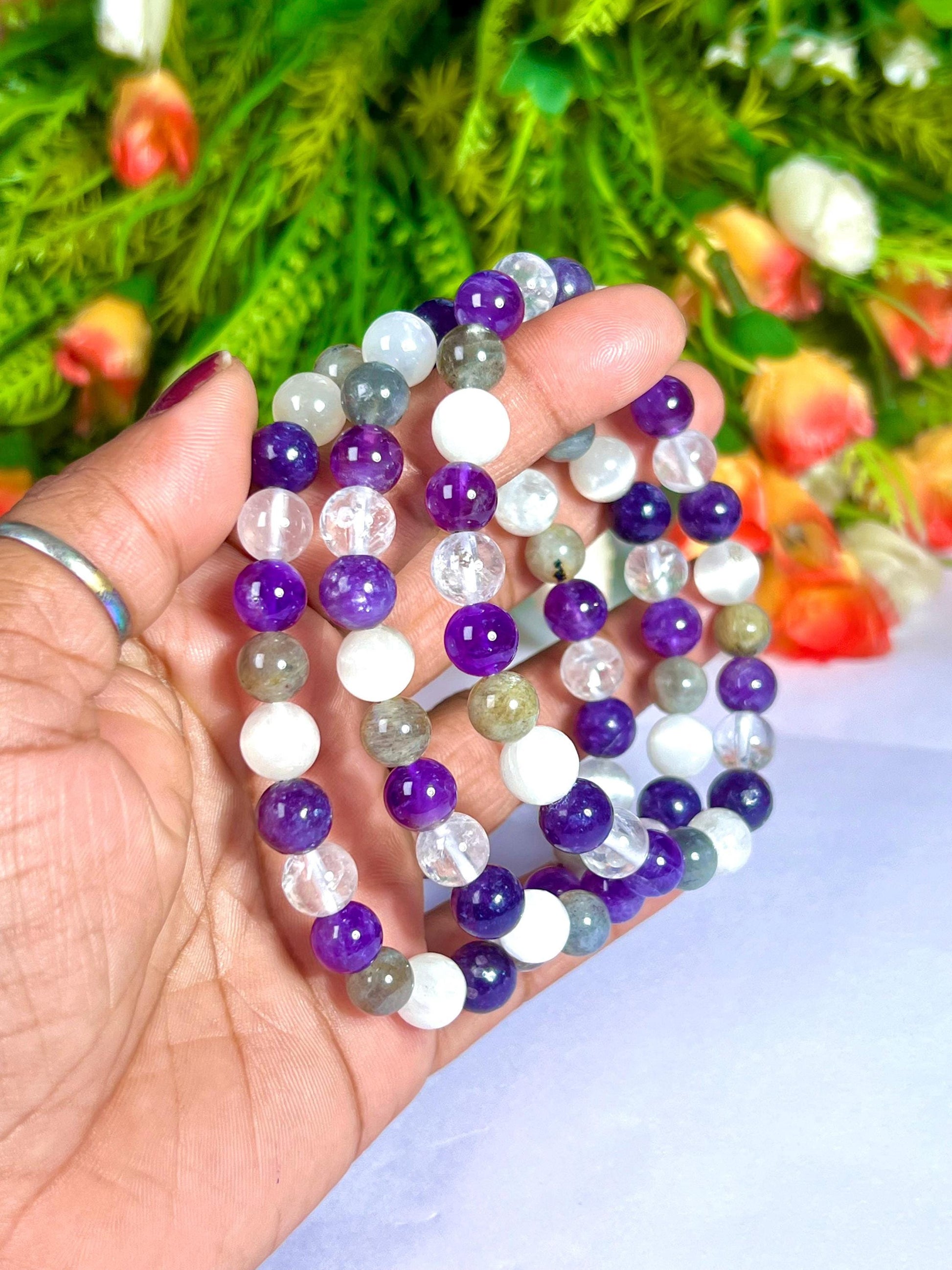 Crown Chakra Stone Bracelet Himalya Crystal , Amethyst , Labradorite, Selenite, Lepidolite 8 MM Beads Bracelet