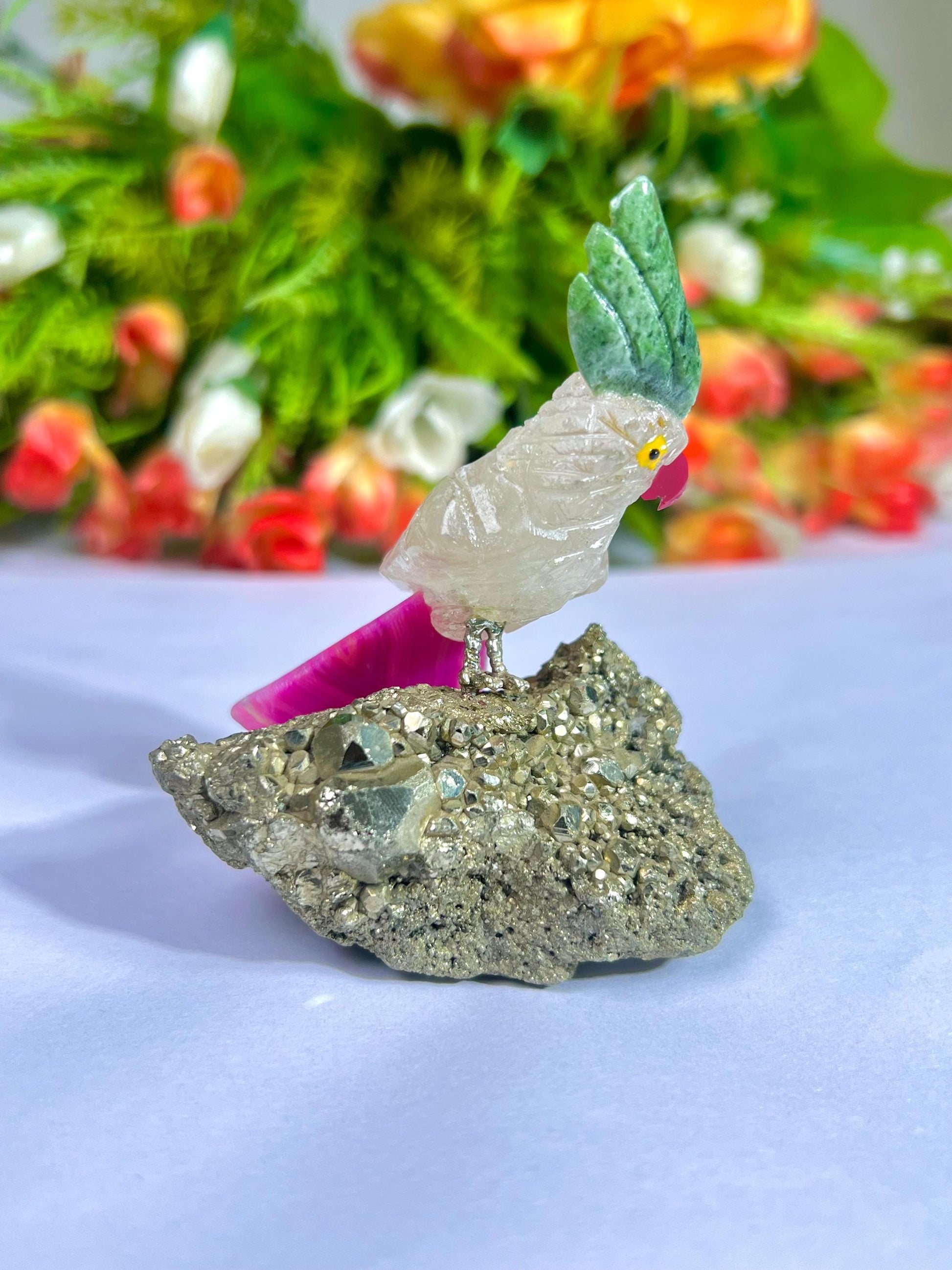 Beautiful Himalayan Crystal Quartz Parrot Bird with Pyrite Rough- Healing Crystal - Home Decoration - Reiki Healing - Gift for All