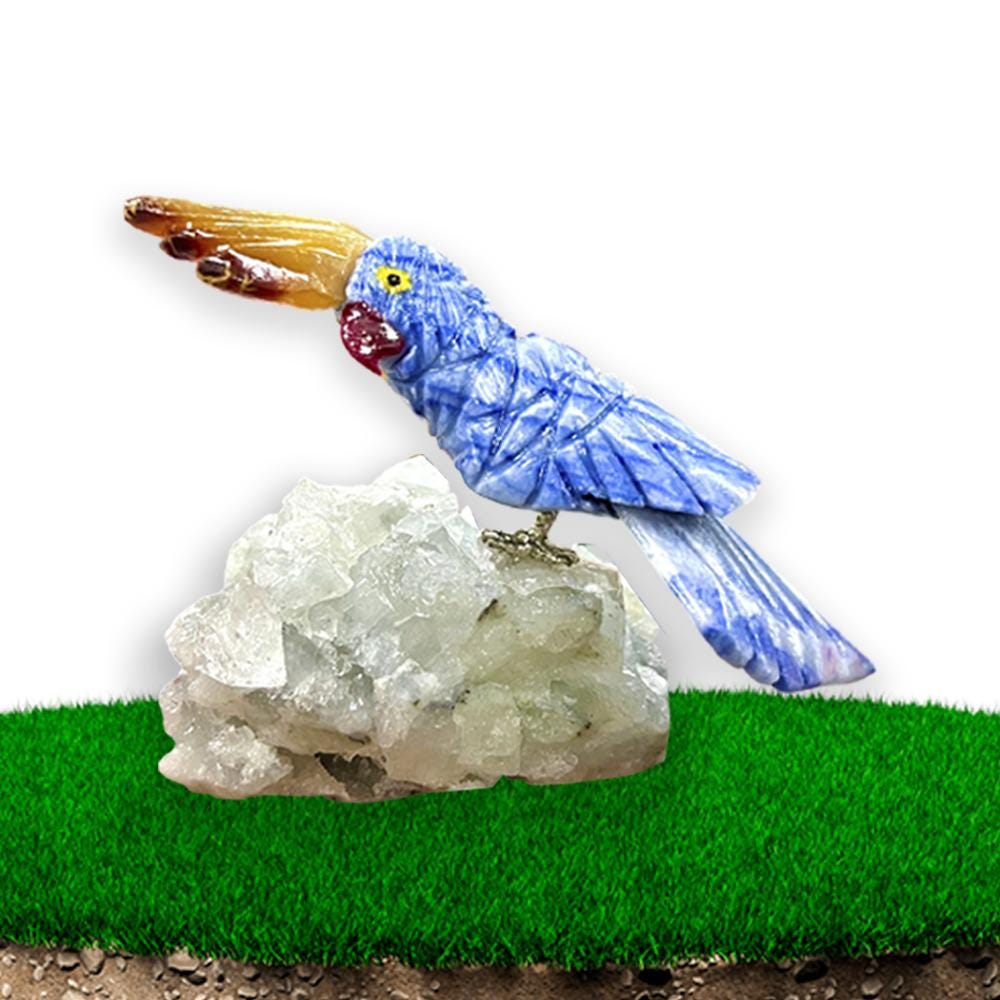 Beautiful Dumortierite And Carnelian Stone Parrot Bird On Apophyllite Mineral Healing Crystal - Home Decoration-Reiki Healing - Gift for All