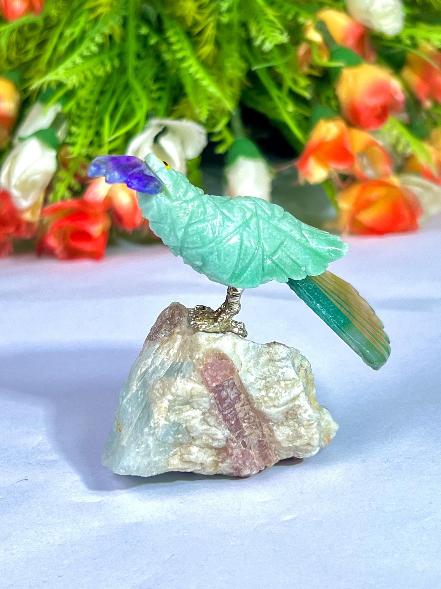 Beautiful Green Aventurine Parrot Bird with Pink Tourmaline Rough- Healing Crystal - Home Decoration - Reiki Healing - Gift for All
