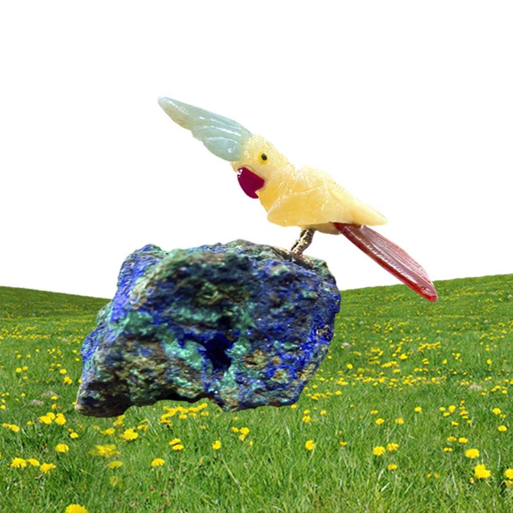 Beautiful Yellow Calcite And Carnelian Parrot Bird On Azurite Malachite mineral Healing Crystal - Home Decoration Reiki Healing Gift for All