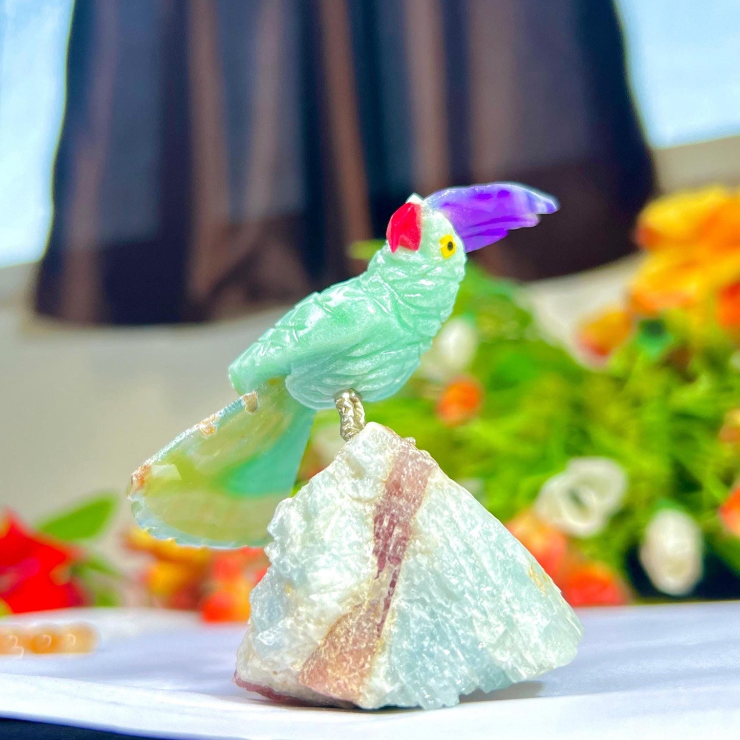Beautiful Green Aventurine Parrot Bird with Pink Tourmaline Rough- Healing Crystal - Home Decoration - Reiki Healing - Gift for All