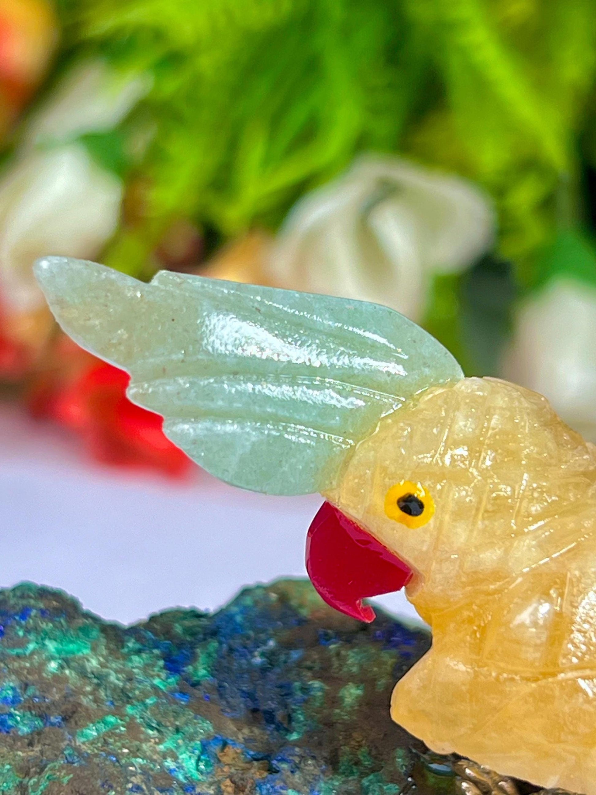 Beautiful Yellow Calcite And Carnelian Parrot Bird On Azurite Malachite mineral Healing Crystal - Home Decoration Reiki Healing Gift for All