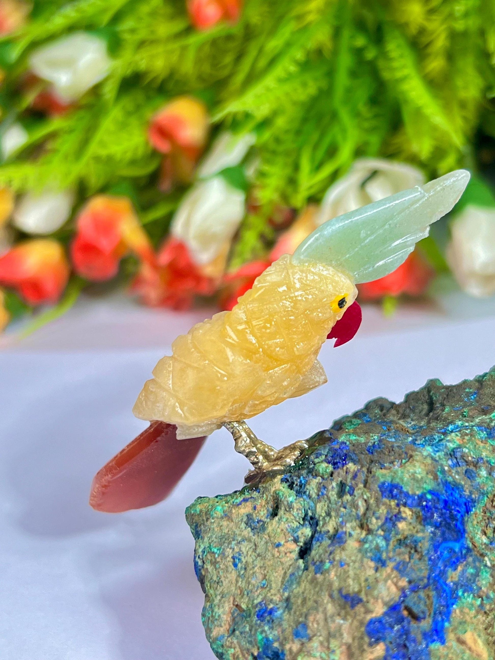 Beautiful Yellow Calcite And Carnelian Parrot Bird On Azurite Malachite mineral Healing Crystal - Home Decoration Reiki Healing Gift for All