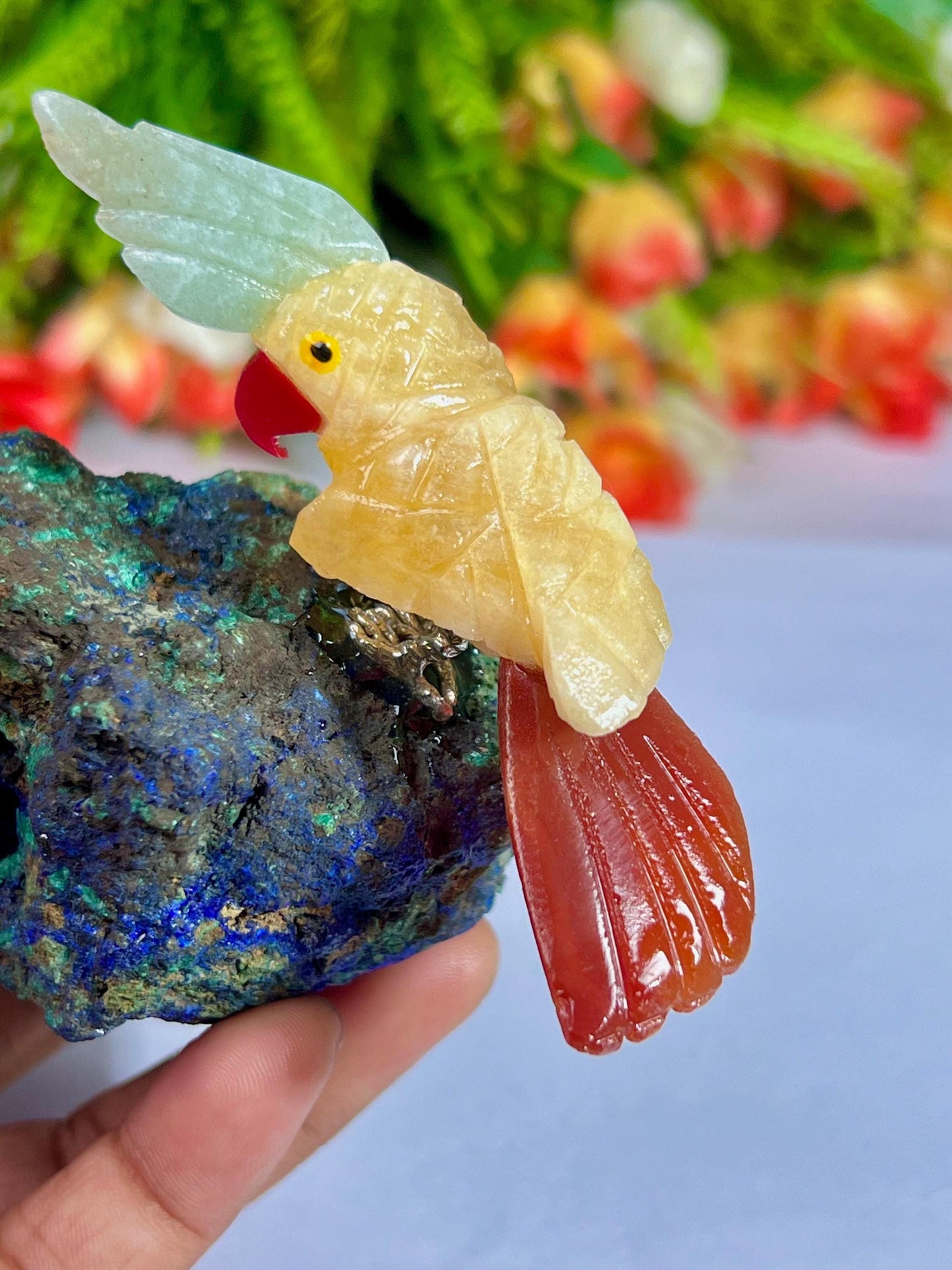 Beautiful Yellow Calcite And Carnelian Parrot Bird On Azurite Malachite mineral Healing Crystal - Home Decoration Reiki Healing Gift for All