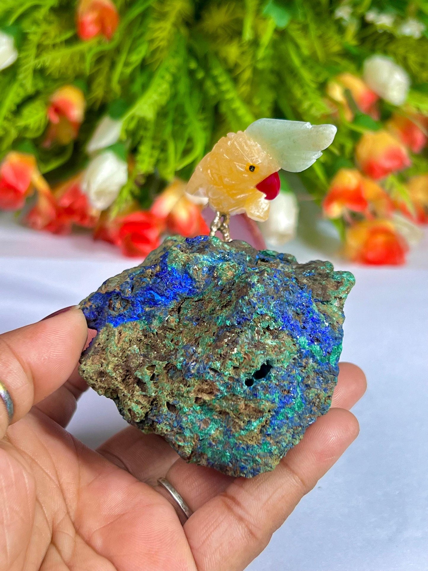 Beautiful Yellow Calcite And Carnelian Parrot Bird On Azurite Malachite mineral Healing Crystal - Home Decoration Reiki Healing Gift for All