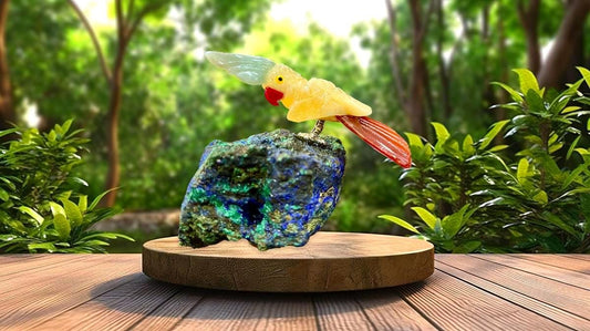 Beautiful Yellow Calcite And Carnelian Parrot Bird On Azurite Malachite mineral Healing Crystal - Home Decoration Reiki Healing Gift for All