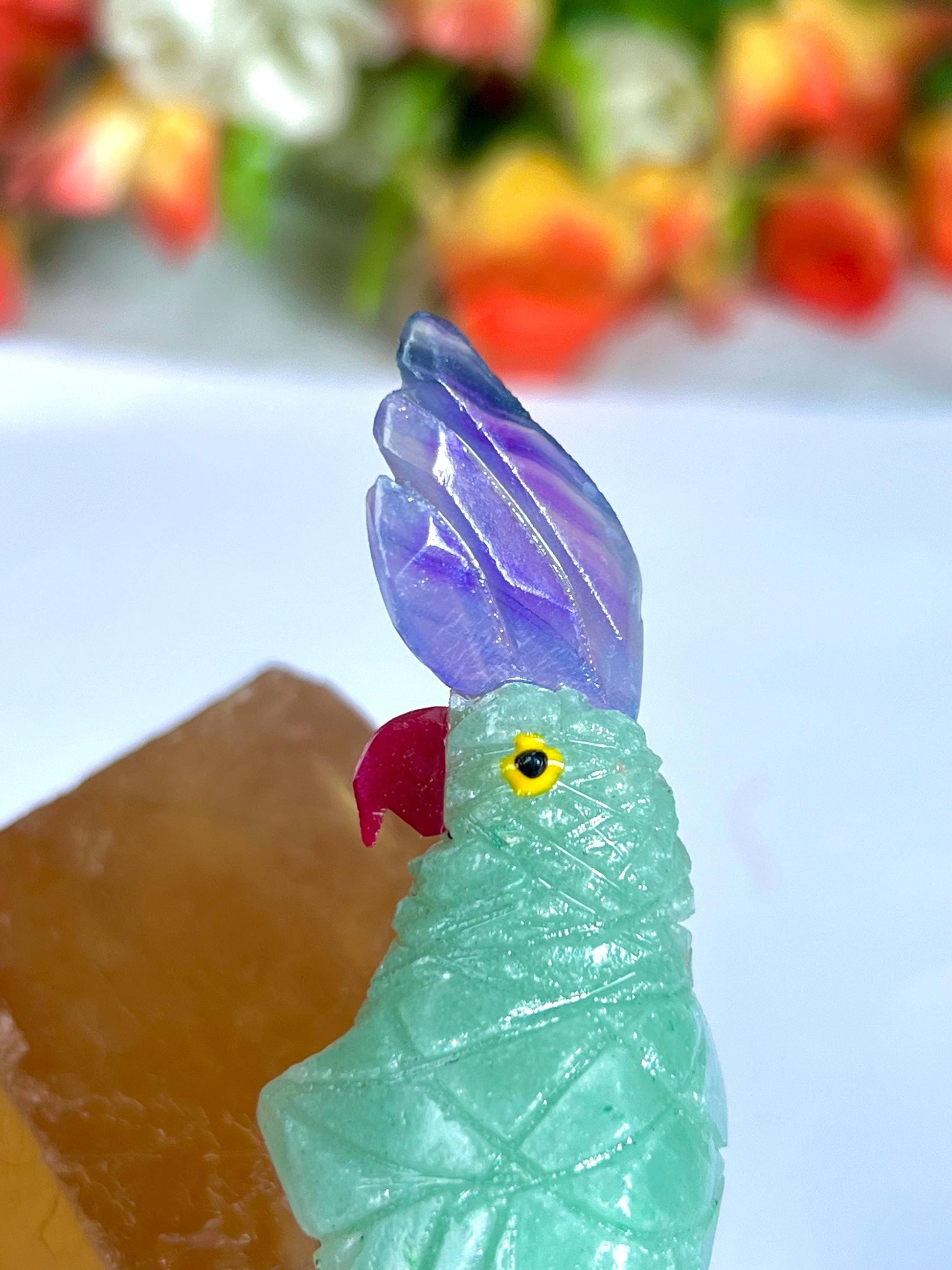 Beautiful Green Aventurine Parrot Bird On Honey Cubic Calcite - Healing Crystal - Home Decoration - Reiki Healing - Gift for All