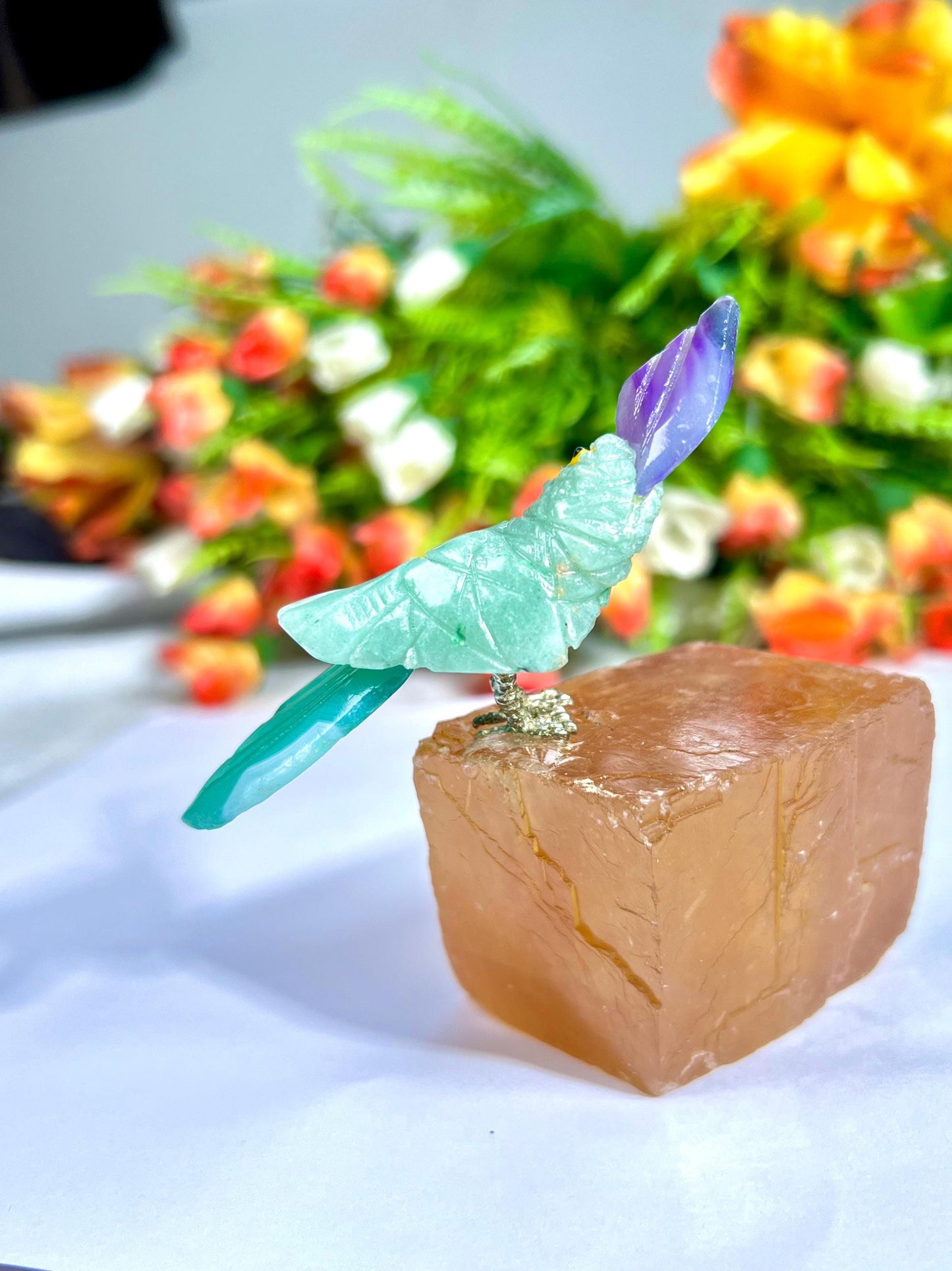 Beautiful Green Aventurine Parrot Bird On Honey Cubic Calcite - Healing Crystal - Home Decoration - Reiki Healing - Gift for All