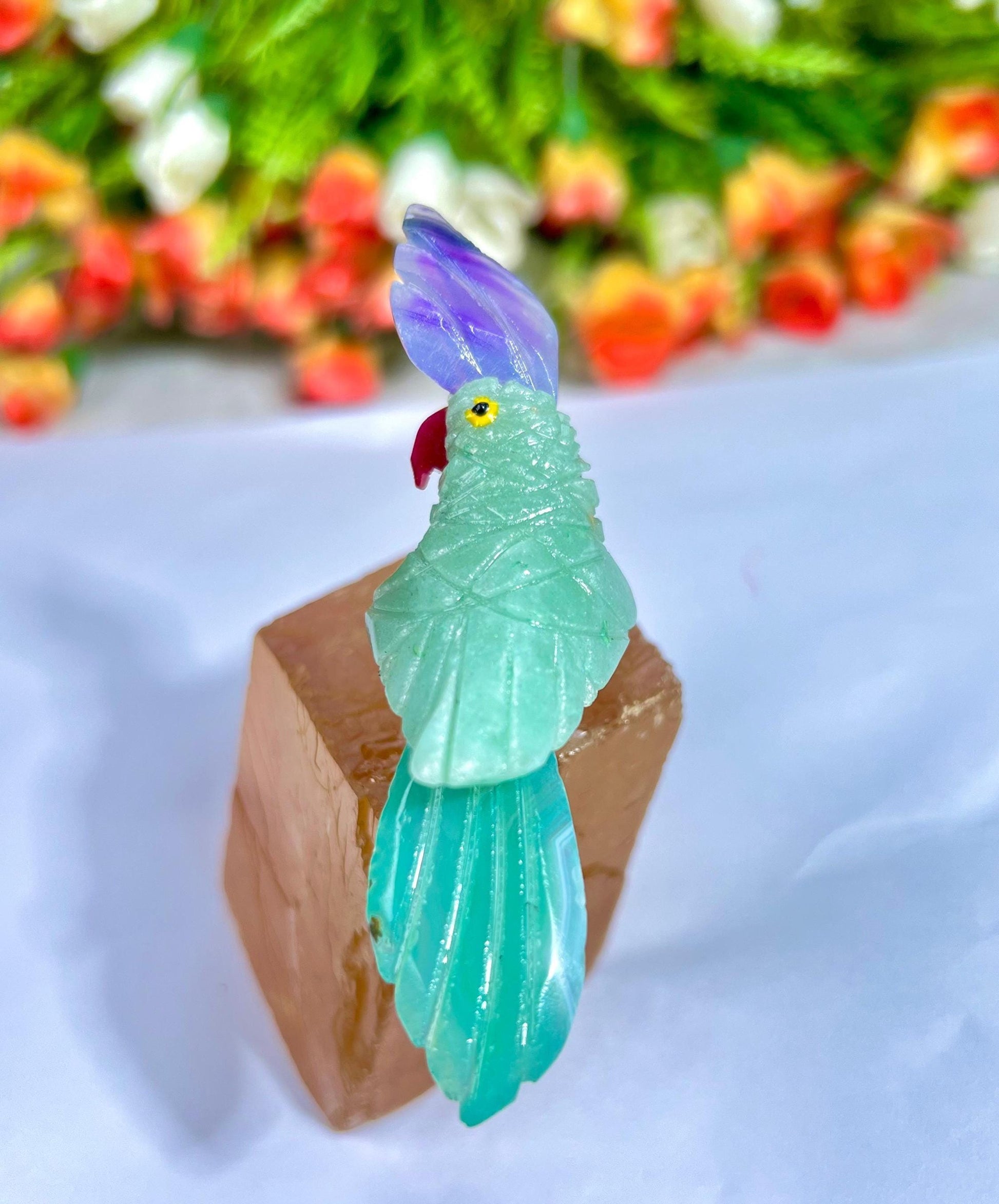 Beautiful Green Aventurine Parrot Bird On Honey Cubic Calcite - Healing Crystal - Home Decoration - Reiki Healing - Gift for All