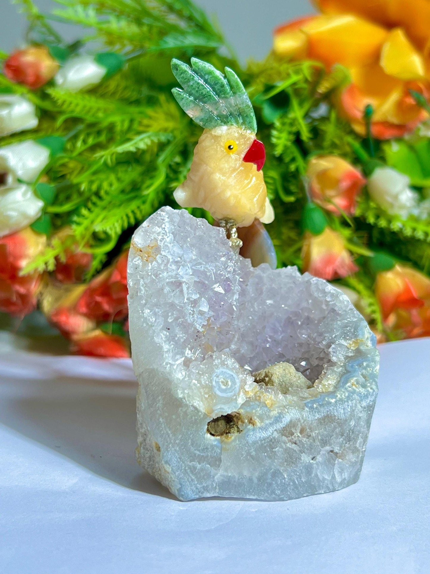Beautiful Yellow Calcite Stone Parrot Bird On Amethyst Geode Mineral Healing Crystal - Home Decoration-Reiki Healing - Gift for All