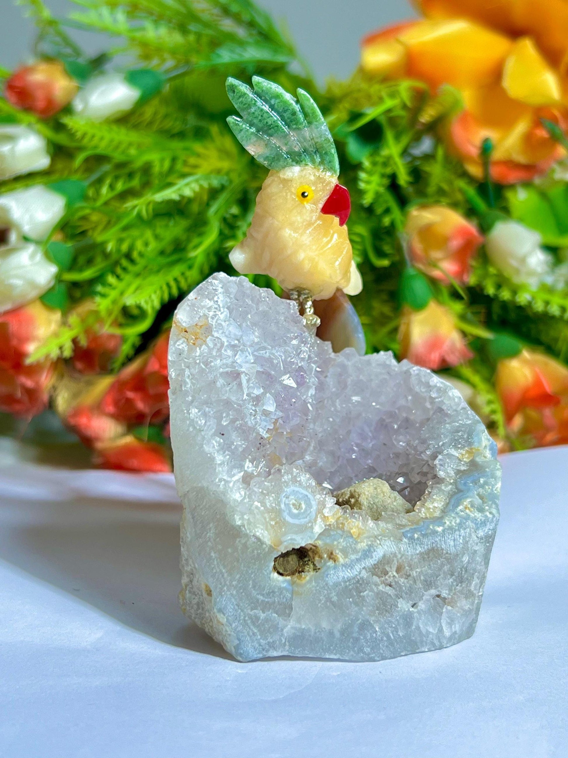 Beautiful Yellow Calcite Stone Parrot Bird On Amethyst Geode Mineral Healing Crystal - Home Decoration-Reiki Healing - Gift for All