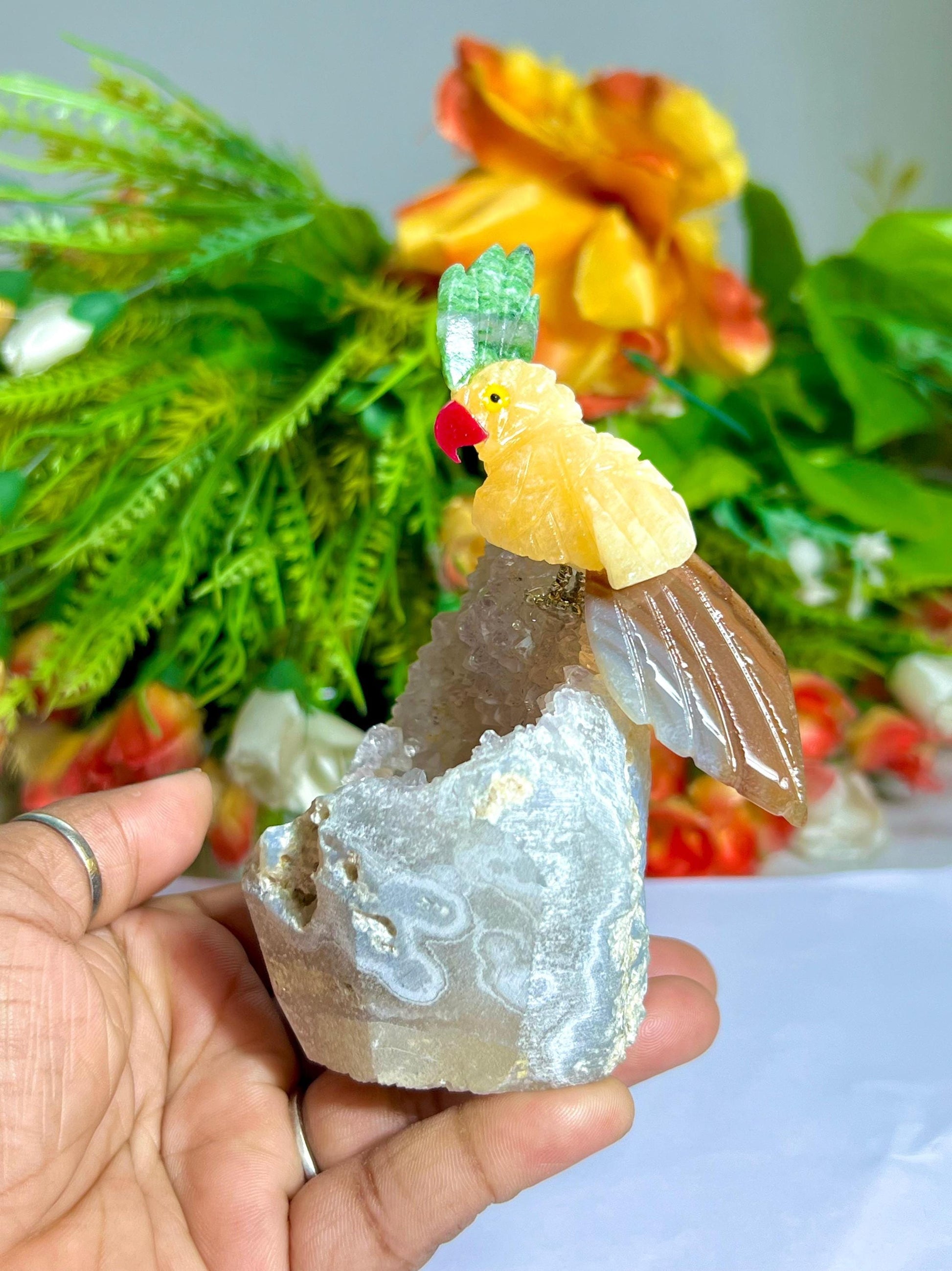 Beautiful Yellow Calcite Stone Parrot Bird On Amethyst Geode Mineral Healing Crystal - Home Decoration-Reiki Healing - Gift for All