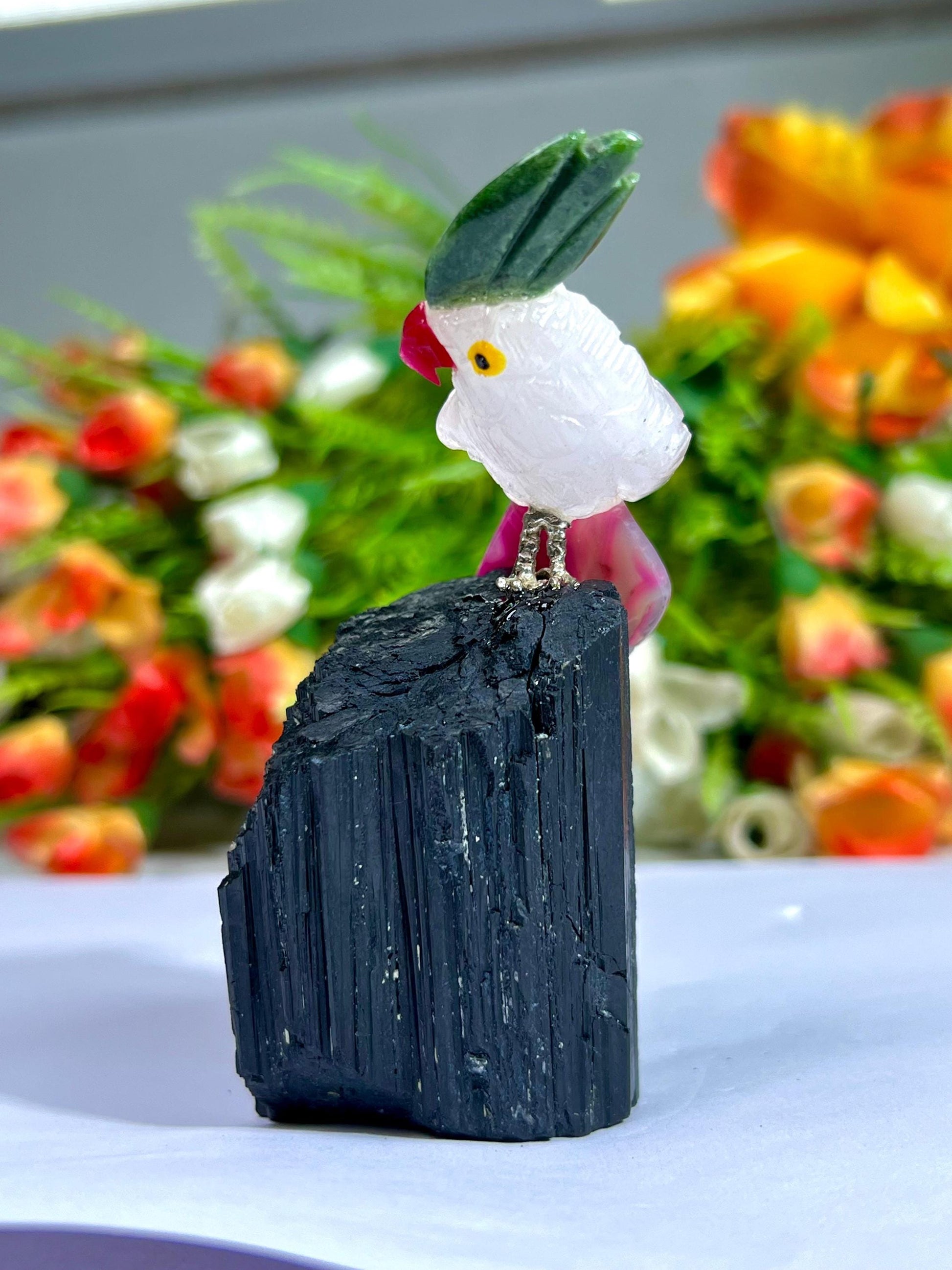 Beautiful Himalayan Crystal Parrot Bird On Black Tourmaline - Healing Crystal - Home Decoration - Reiki Healing - Gift for All
