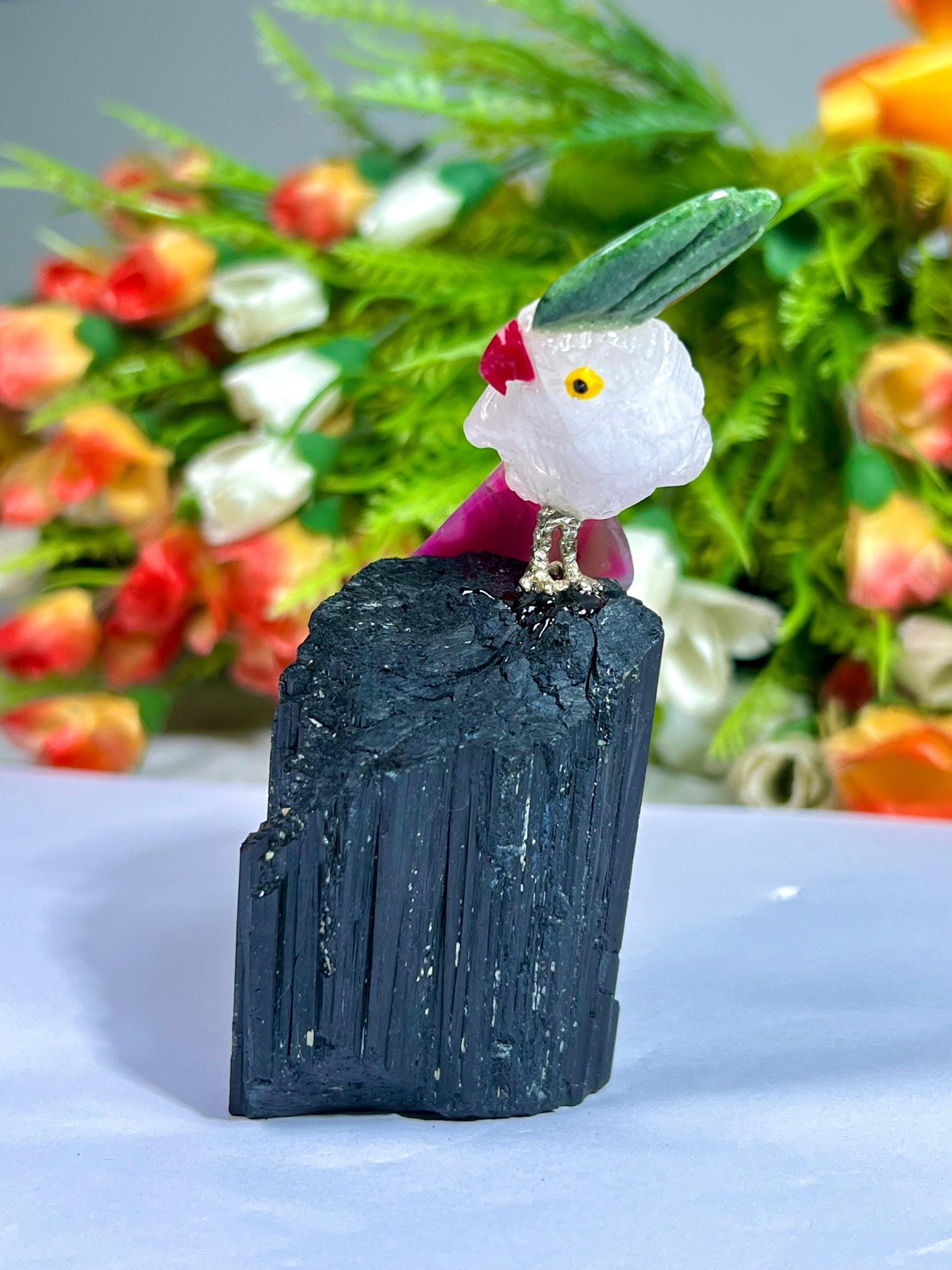 Beautiful Himalayan Crystal Parrot Bird On Black Tourmaline - Healing Crystal - Home Decoration - Reiki Healing - Gift for All