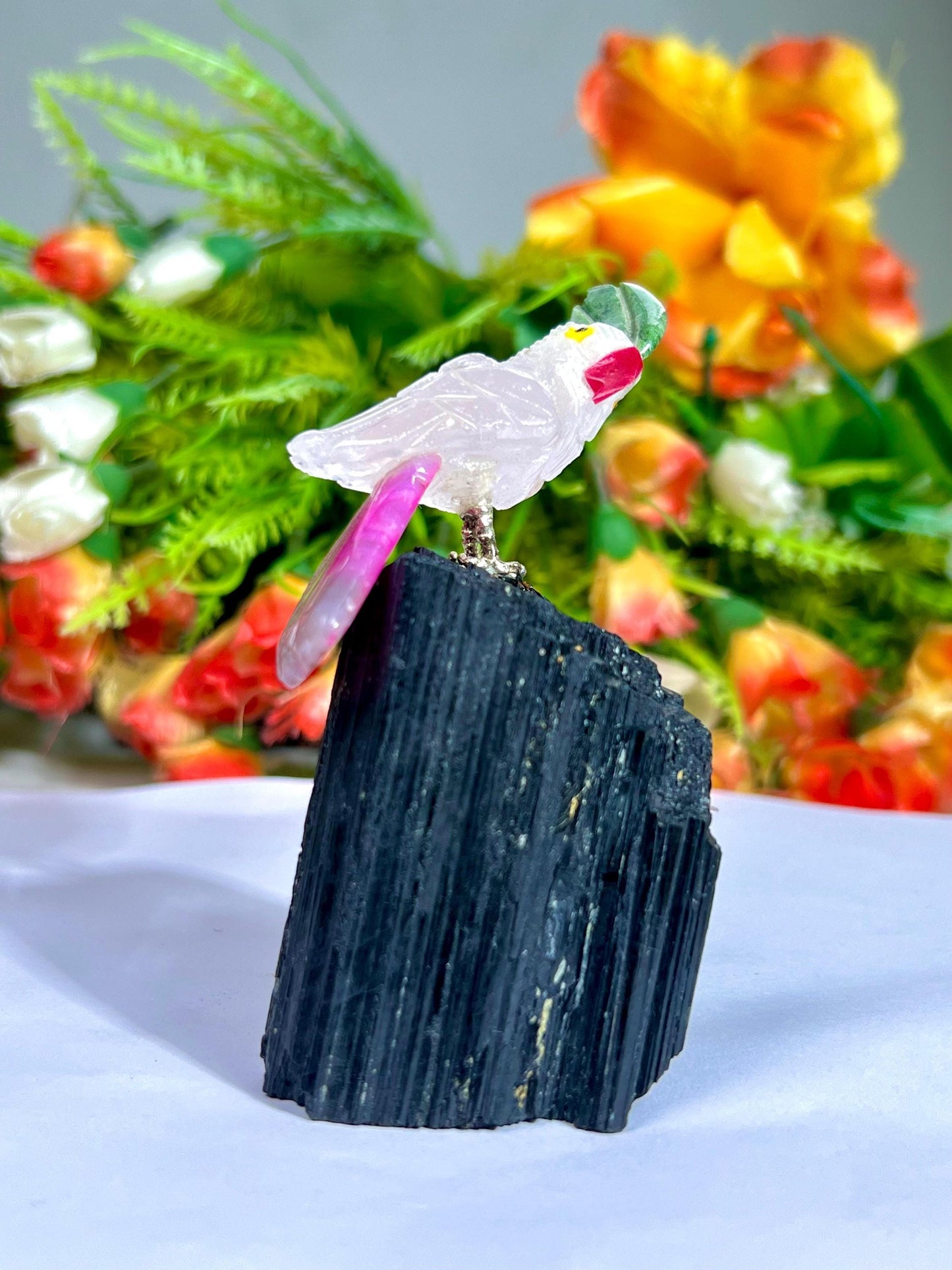 Beautiful Himalayan Crystal Parrot Bird On Black Tourmaline - Healing Crystal - Home Decoration - Reiki Healing - Gift for All
