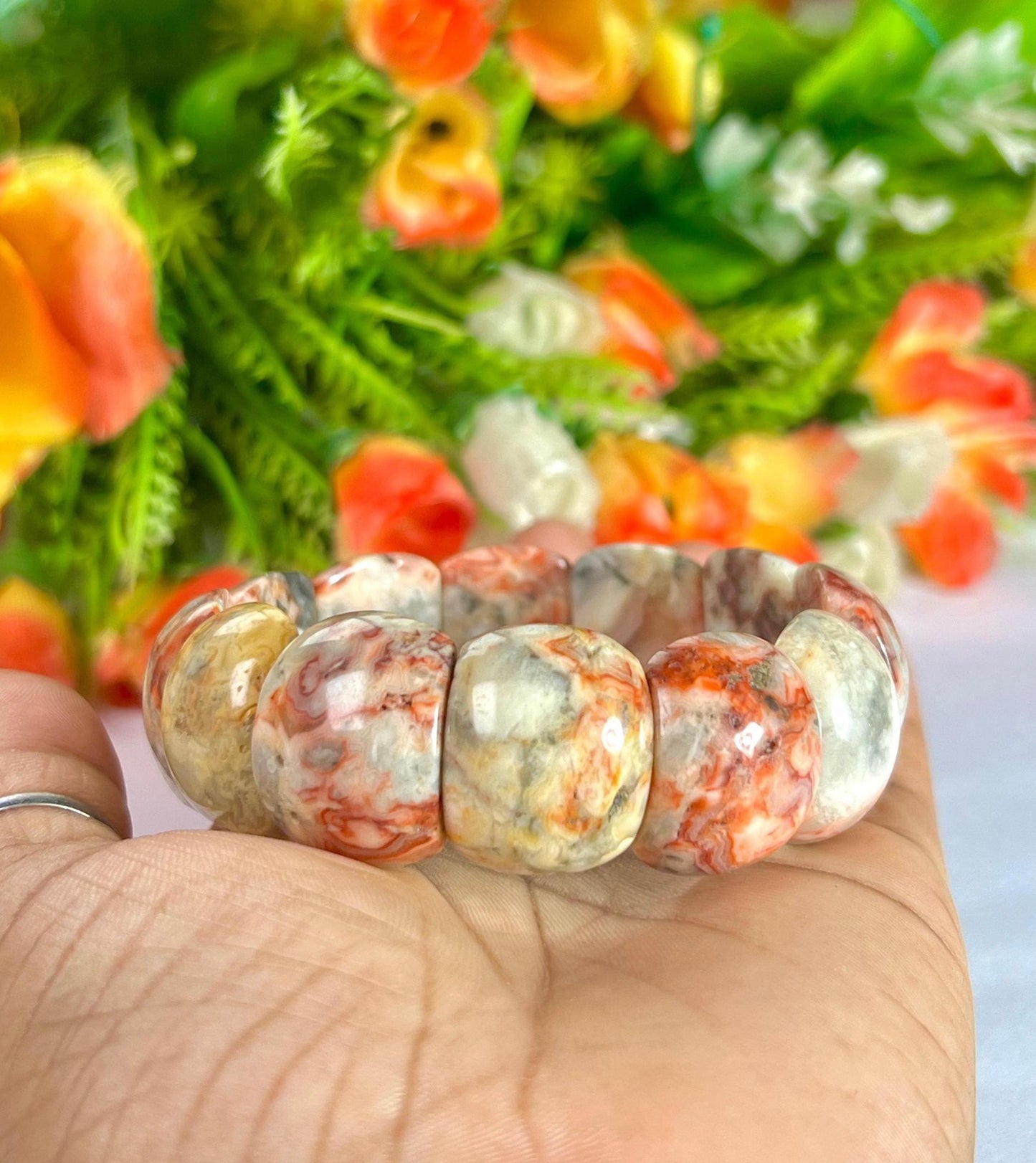 20 MM Crazy Lace Agate Stone Bracelet With Natural Druzy and Pin Hole l Stretchable Bracelet
