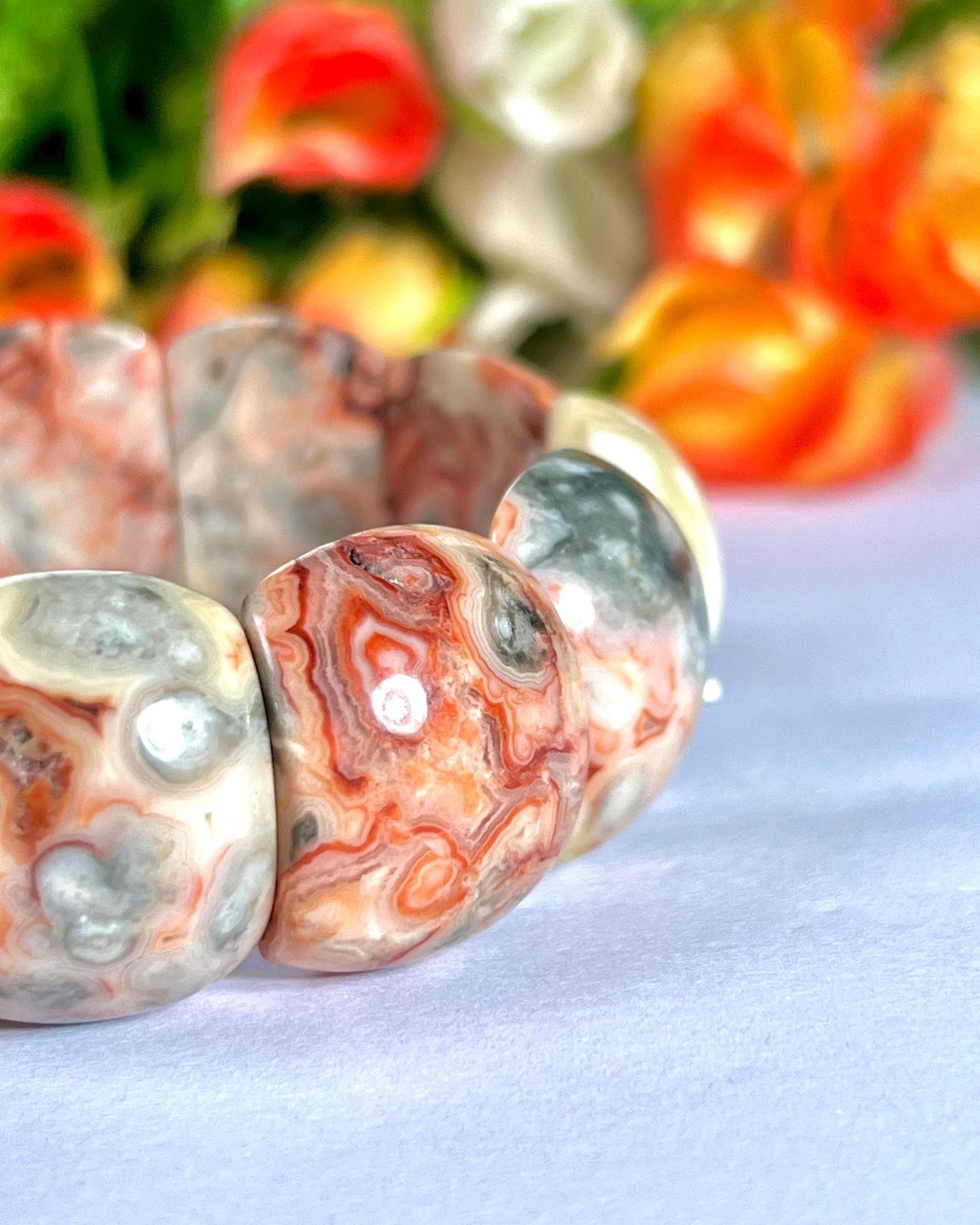 20 MM Crazy Lace Agate Stone Bracelet With Natural Druzy and Pin Hole l Stretchable Bracelet
