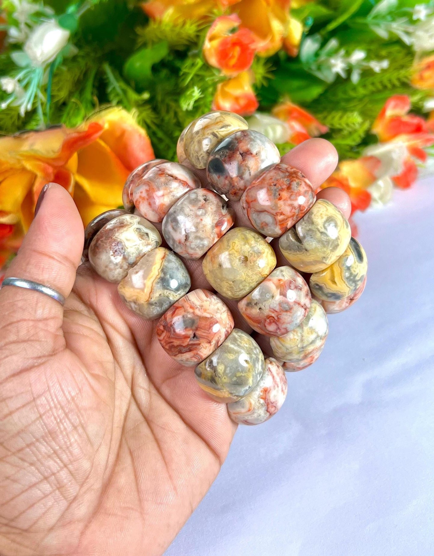 20 MM Crazy Lace Agate Stone Bracelet With Natural Druzy and Pin Hole l Stretchable Bracelet